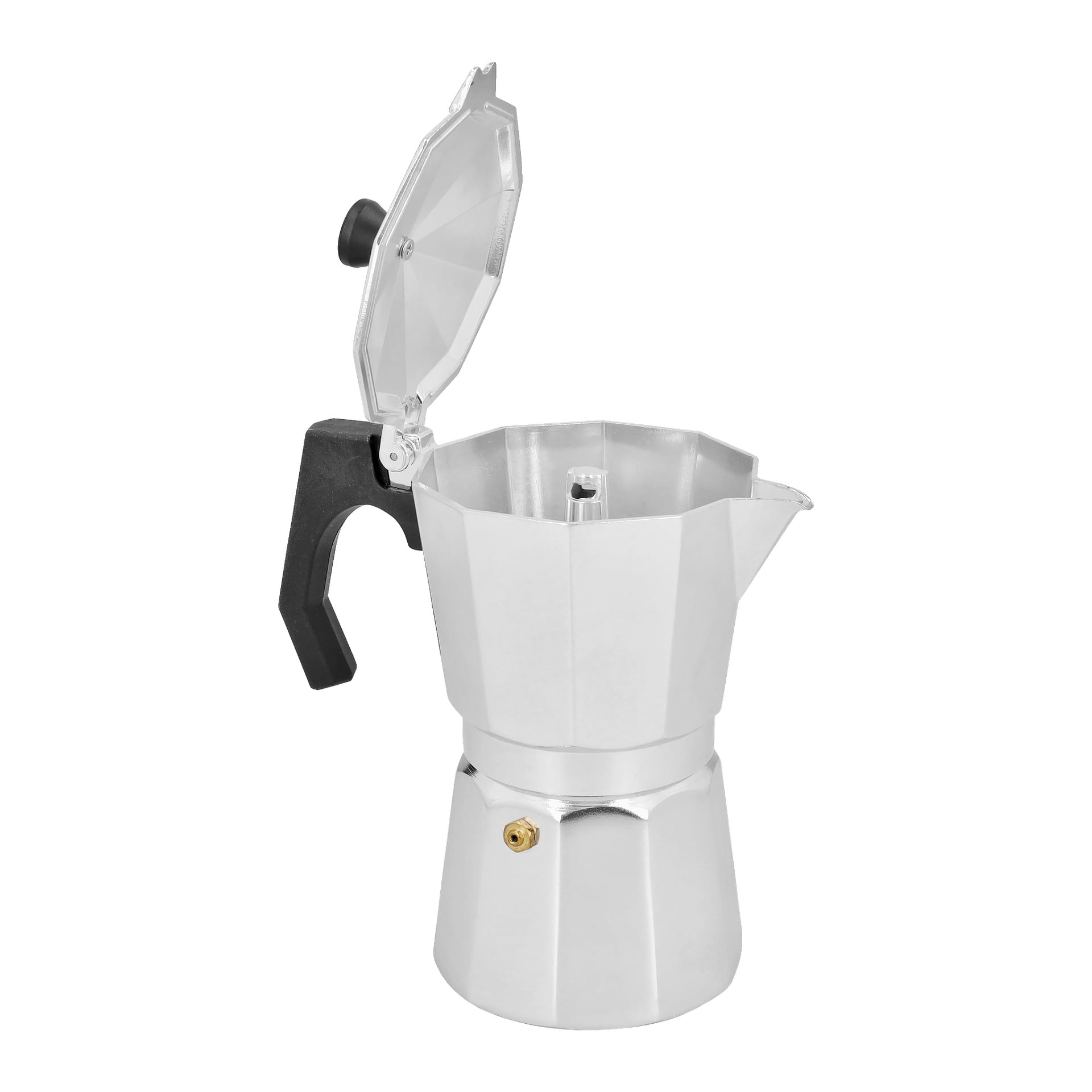 En silverfärgad aluminium-Menuett Moka-kanna med svart handtag är avbildad med locket öppet, vilket avslöjar det tomma insidan.