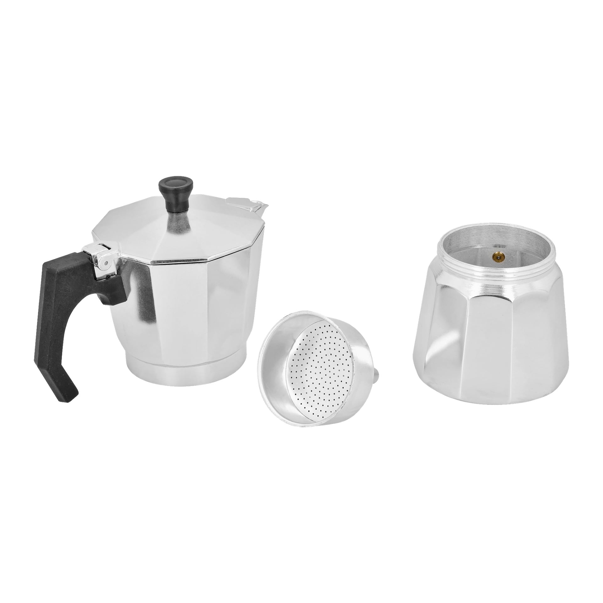 En Menuett Moka-kanna delas isär i tre delar: den övre kammaren med svart handtag, metallfilterkorgen och den nedre vattenkammaren.