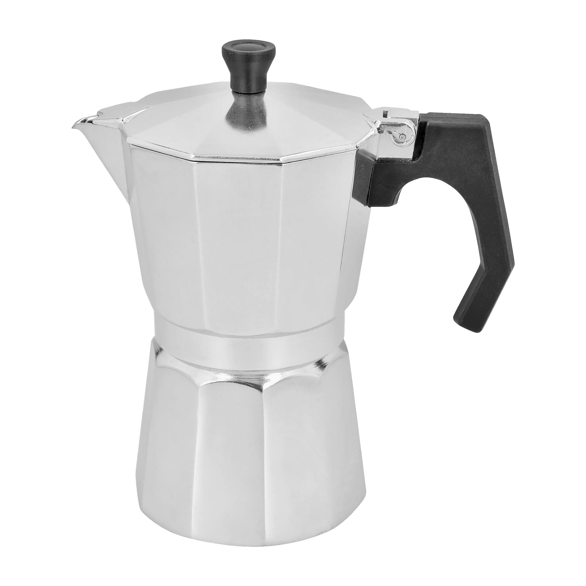 En silverfärgad Menuett Moka-kanna med åttakantig design, svart handtag och knopp samt en hällpipa visas.