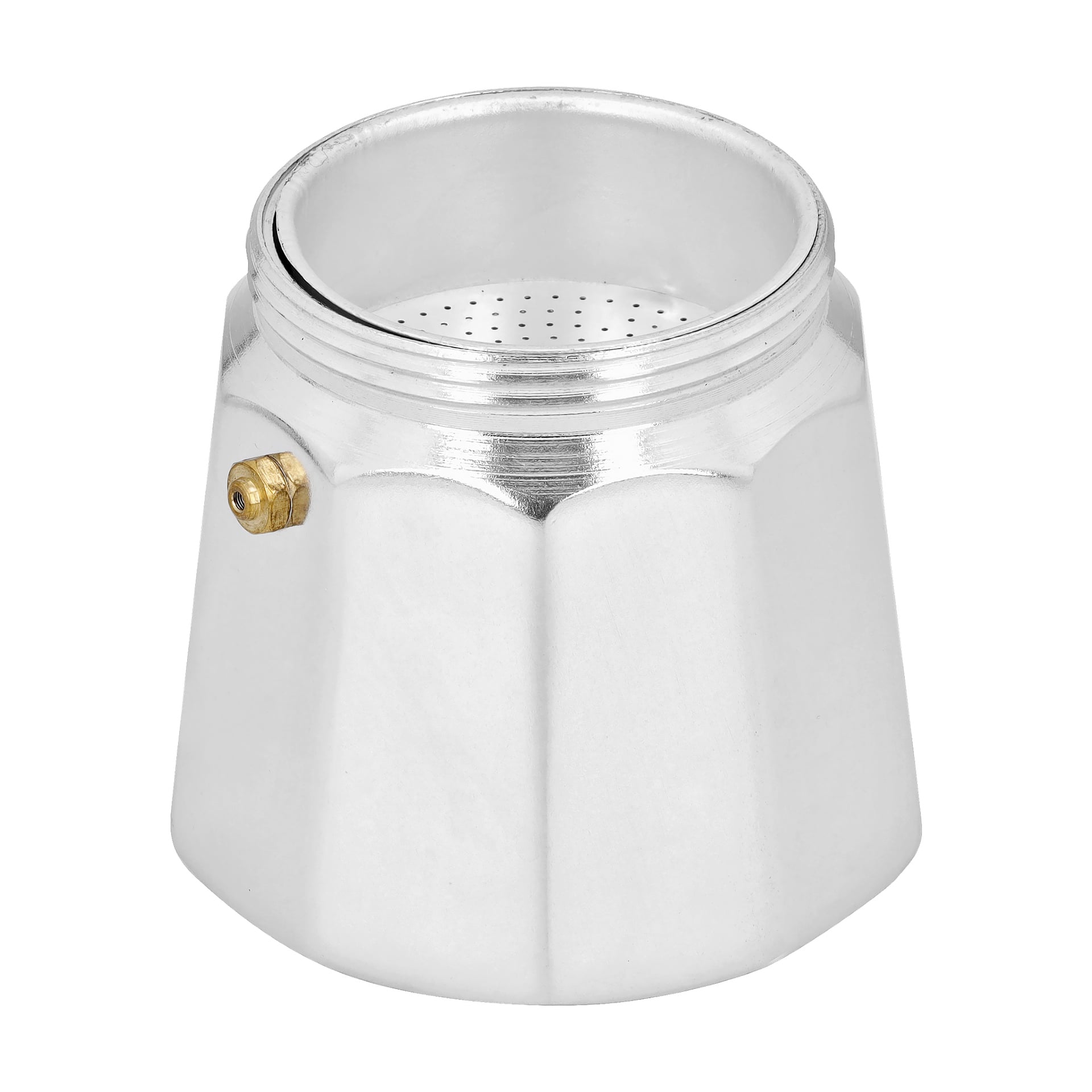 En Menuett Moka-kanna med en silverfärgad metallkropp, sidosäkerhetsventil och en intern perforerad tratt, avsedd för att göra espresso på spisen.