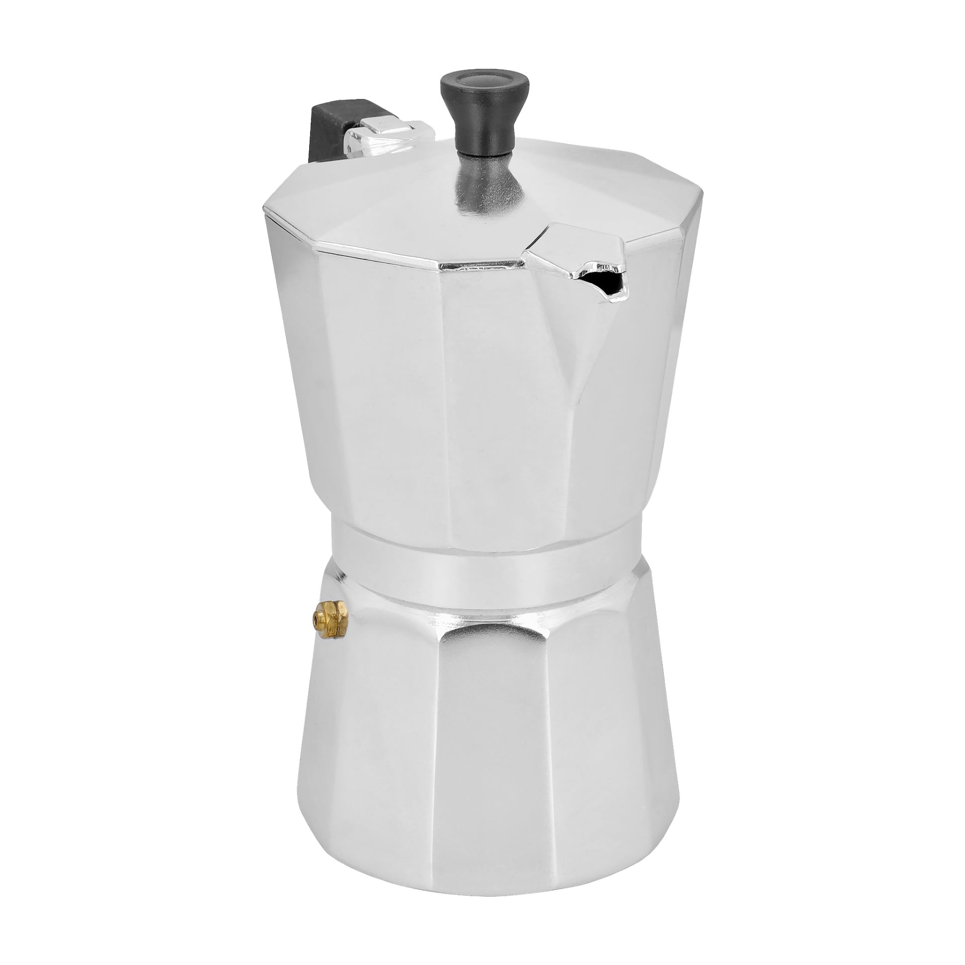 En silverfärgad, åttakantig Menuett Moka-potentil med en svart ratt ovanpå locket, en pip designad för enkel hällning och en messingsventil nära basen.