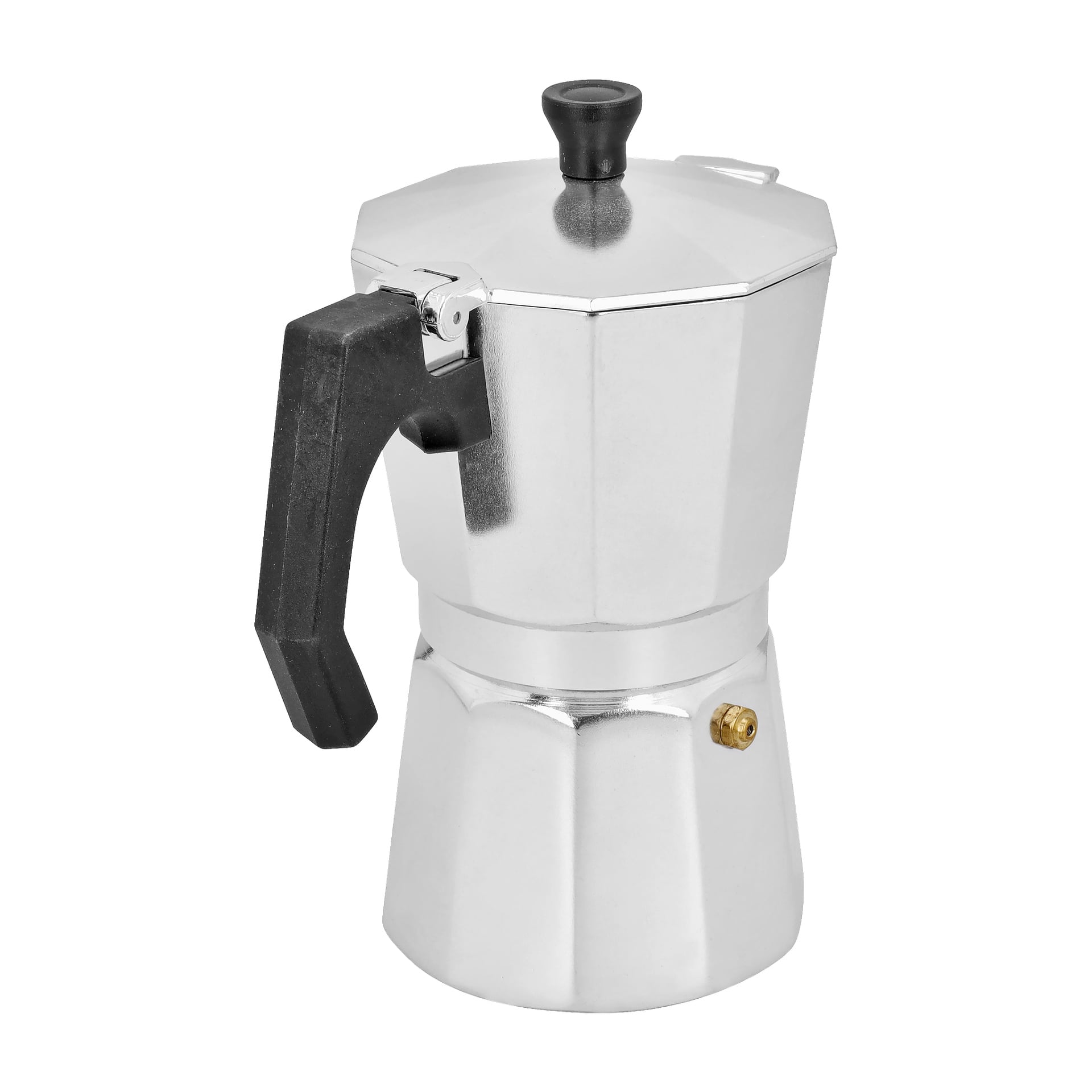 En silverfärgad Menuett Moka-kanna med svart handtag och ratt visas.