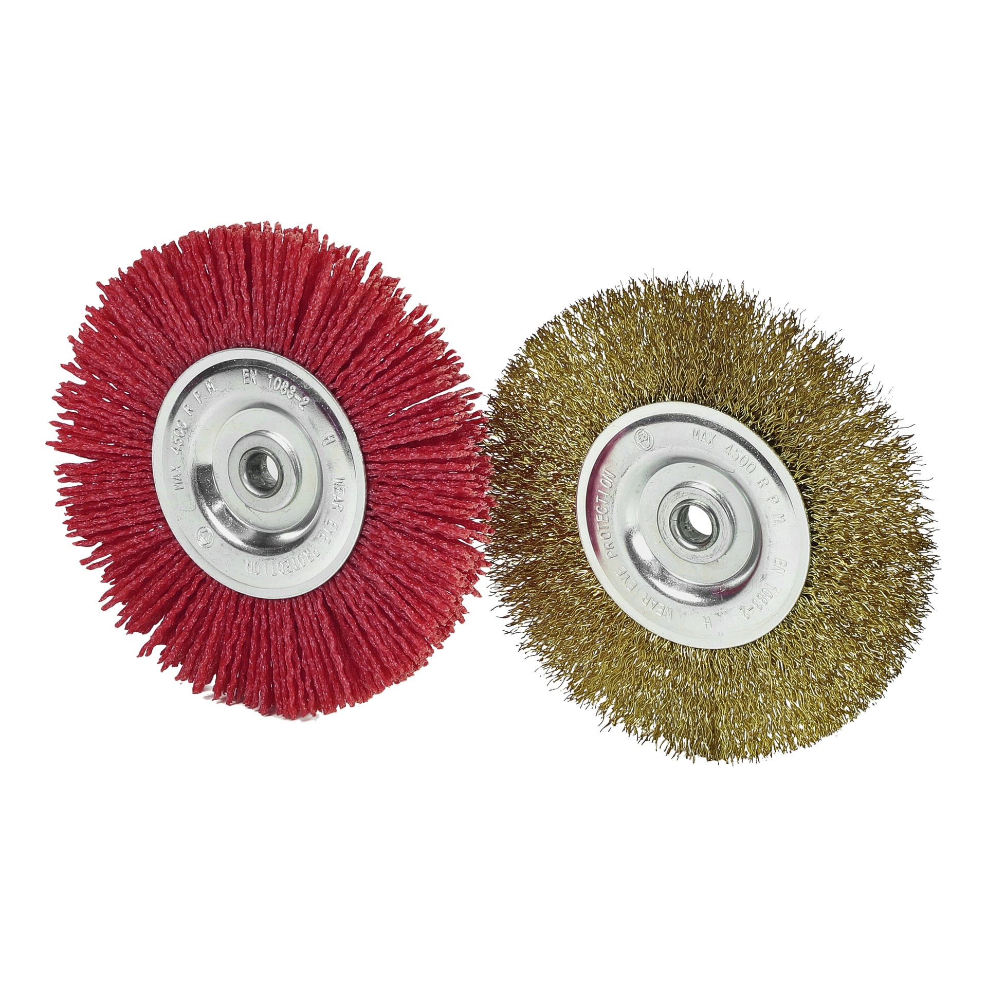 Zwei Meec Tools Multiseries Paving Scraper PW-18V HOME 300 Drahtbürsten-Aufsätze mit Metallmitten, einer mit roten Borsten und der andere mit messingfarbenen Borsten.