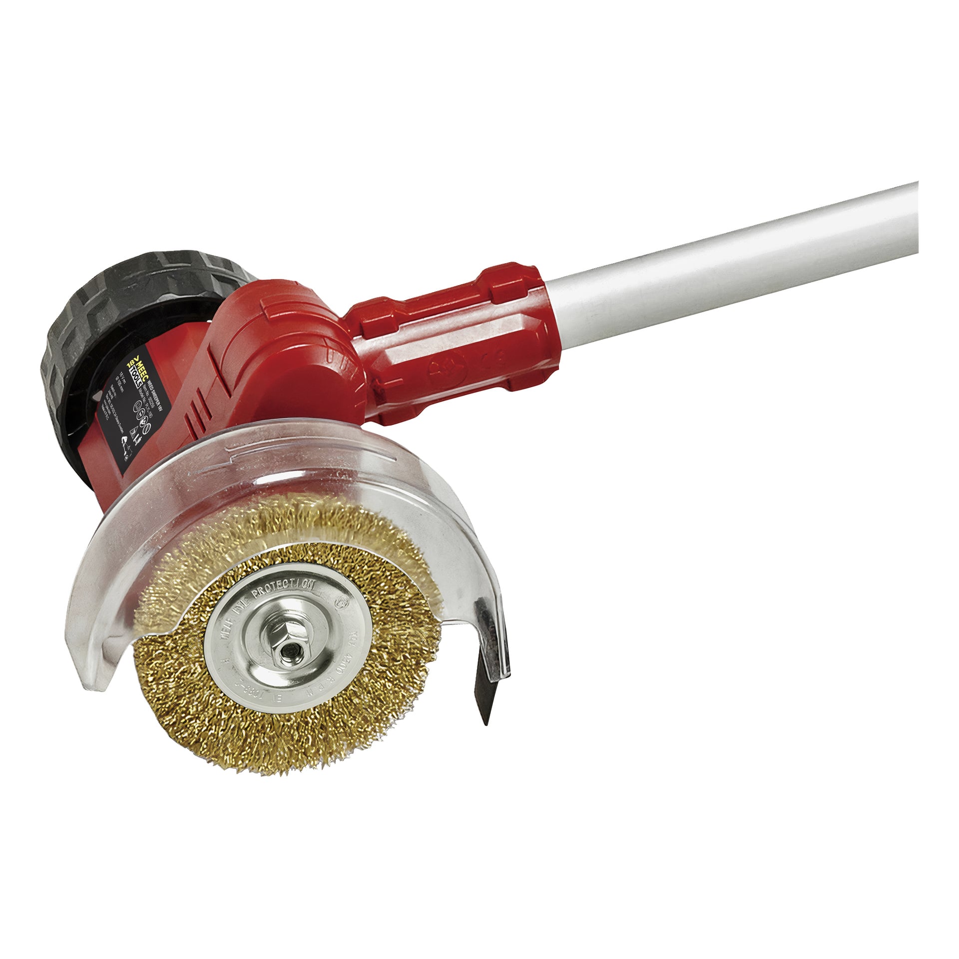 Ein rot-silberner Meec Tools Multiseries PW-18V HOME 300 Pflasterschaber, mit einer runden Messingbürste, transparentem Sicherheitsschutz und verlängertem Griff, der zum Reinigen, Polieren oder Rostentfernen gedacht ist.