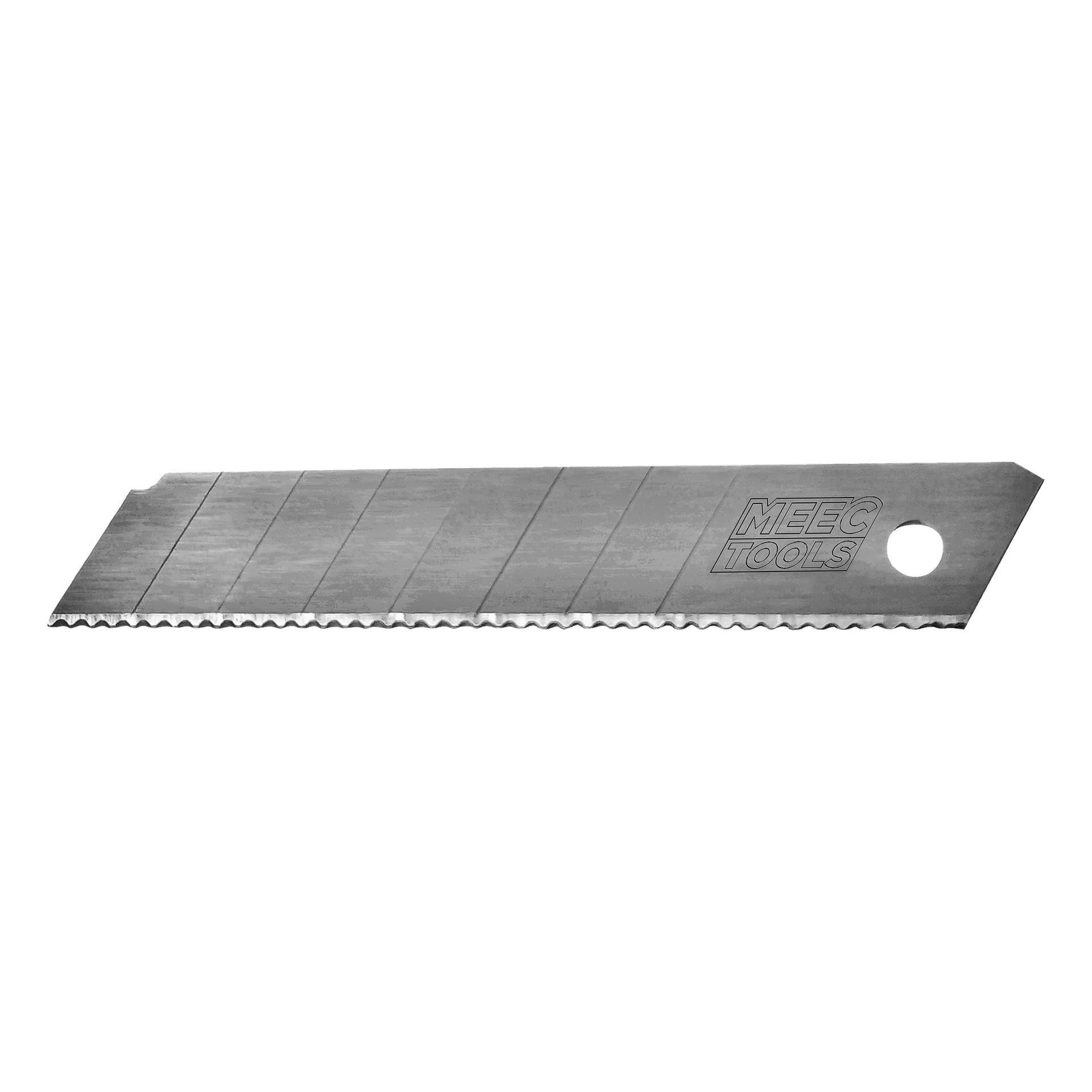 Ett Meec Tools brytbart blad med tandade eggar, ingraverat varumärke och ett hål i ena änden; bladet är designat med flera avbrottssegment för fortsatt skärpa. Finns i paket om 10.