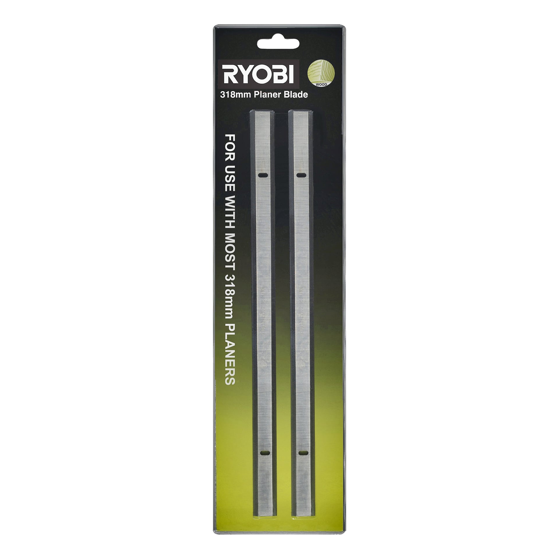Två stålhyvelbitar visas i klar förpackning. Produktetiketten anger: Ryobi Steel Planer Bit 2 Pack och visar kompatibilitet med de flesta 318 mm hyvelar. Bakgrunden har en svart färg med en grön gradient längs den nedre kanten.