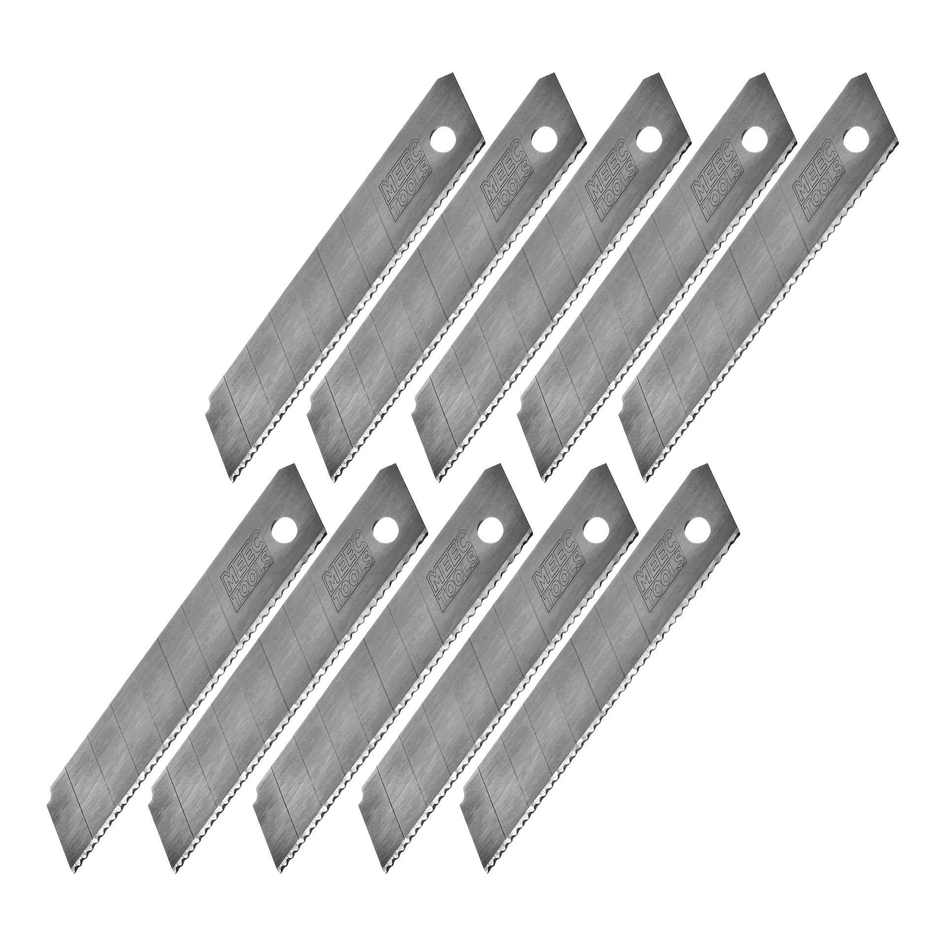 Tio silverfärgade "Break-off blade 10 pack"-blad från Meec Tools placeras i två rader om fem. Varje blad har ett hål nära ena änden och flera ristade linjer för att bryta av använda segment.