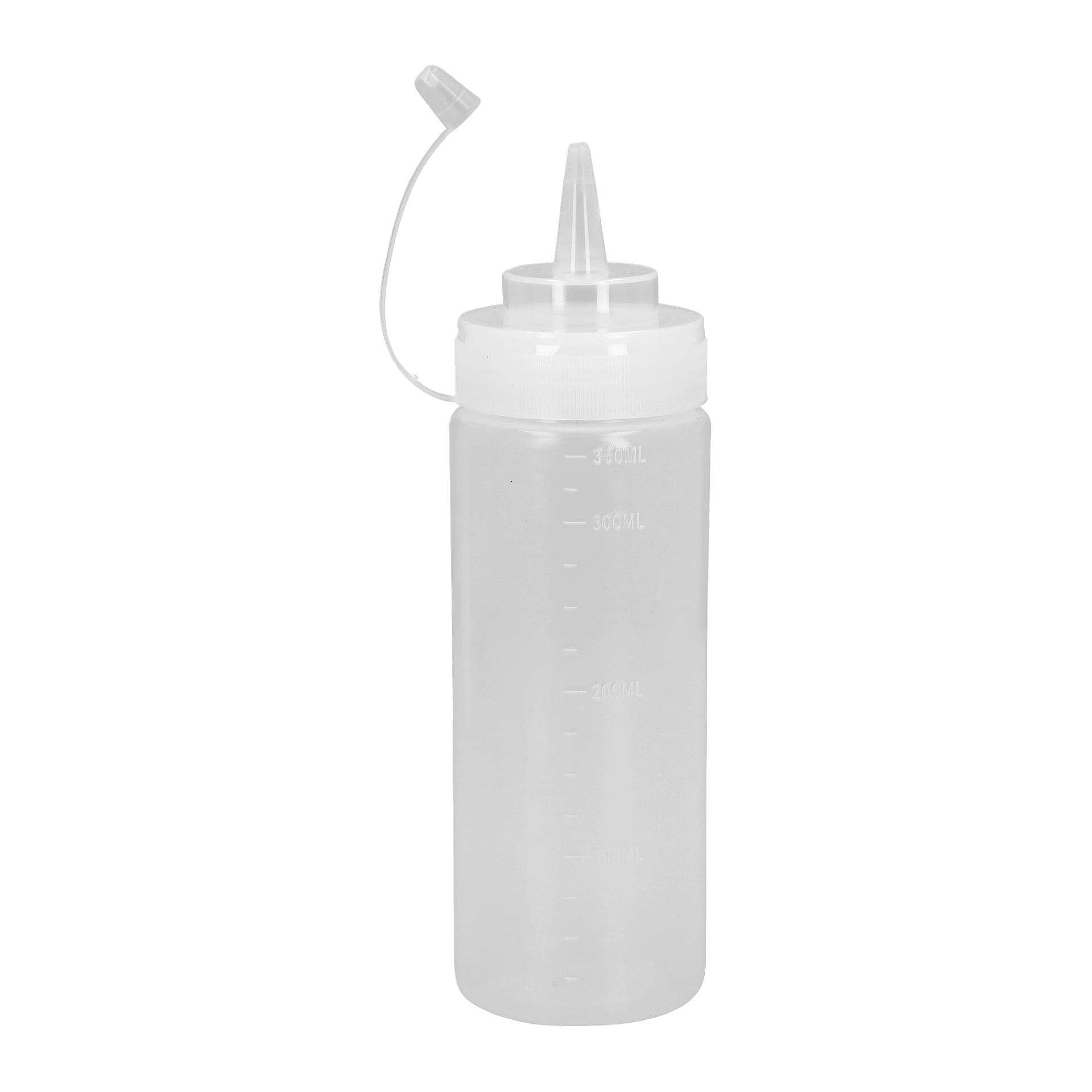 Två genomskinliga plastflaskor från Menuett i ett paket, var och en med ett spetsigt munstycke, skruvkork kopplat till flaskan med en tunn plastremsa och mätmarkeringar upp till 300 ml.