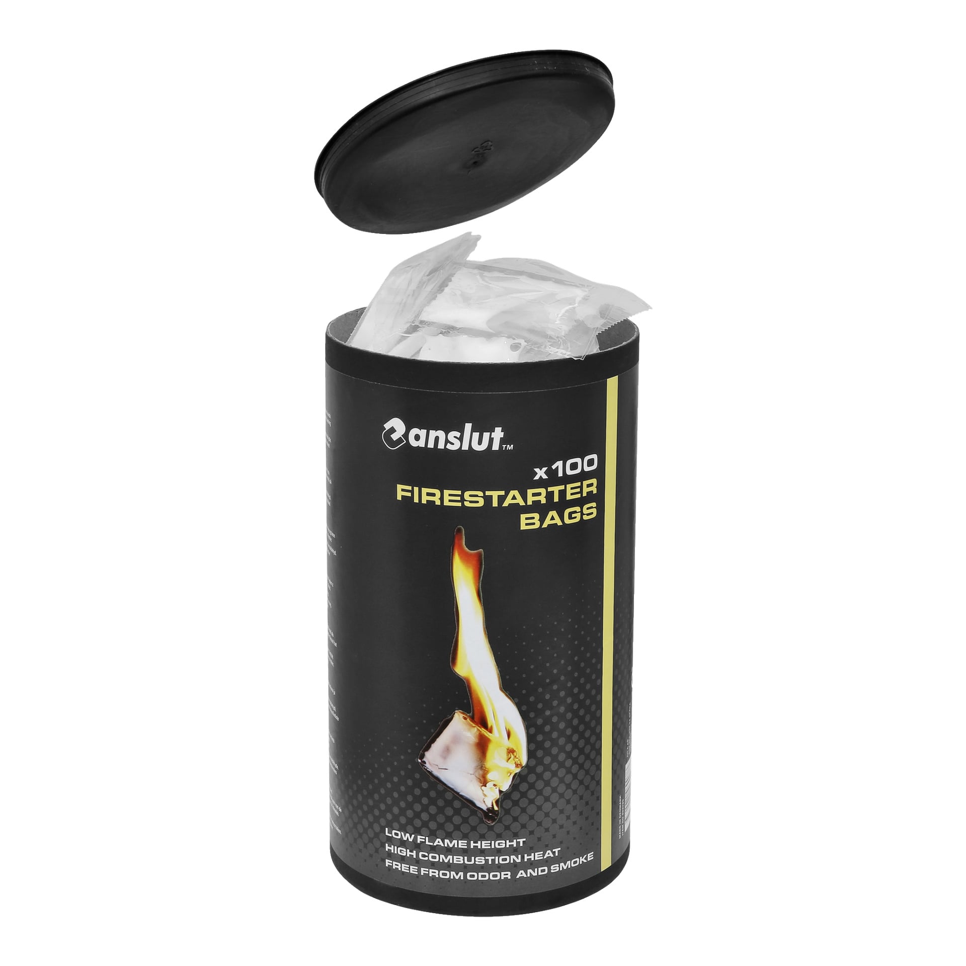 En svart cylindrisk behållare med etiketten "Anslut Firestarter bags 100 pack" och locket öppet för att visa transparenta påsar inuti. Förpackningen visar en bild på en brinnande eld och lyfter fram fördelar som minimal låghöjd och ingen märkbar lukt.