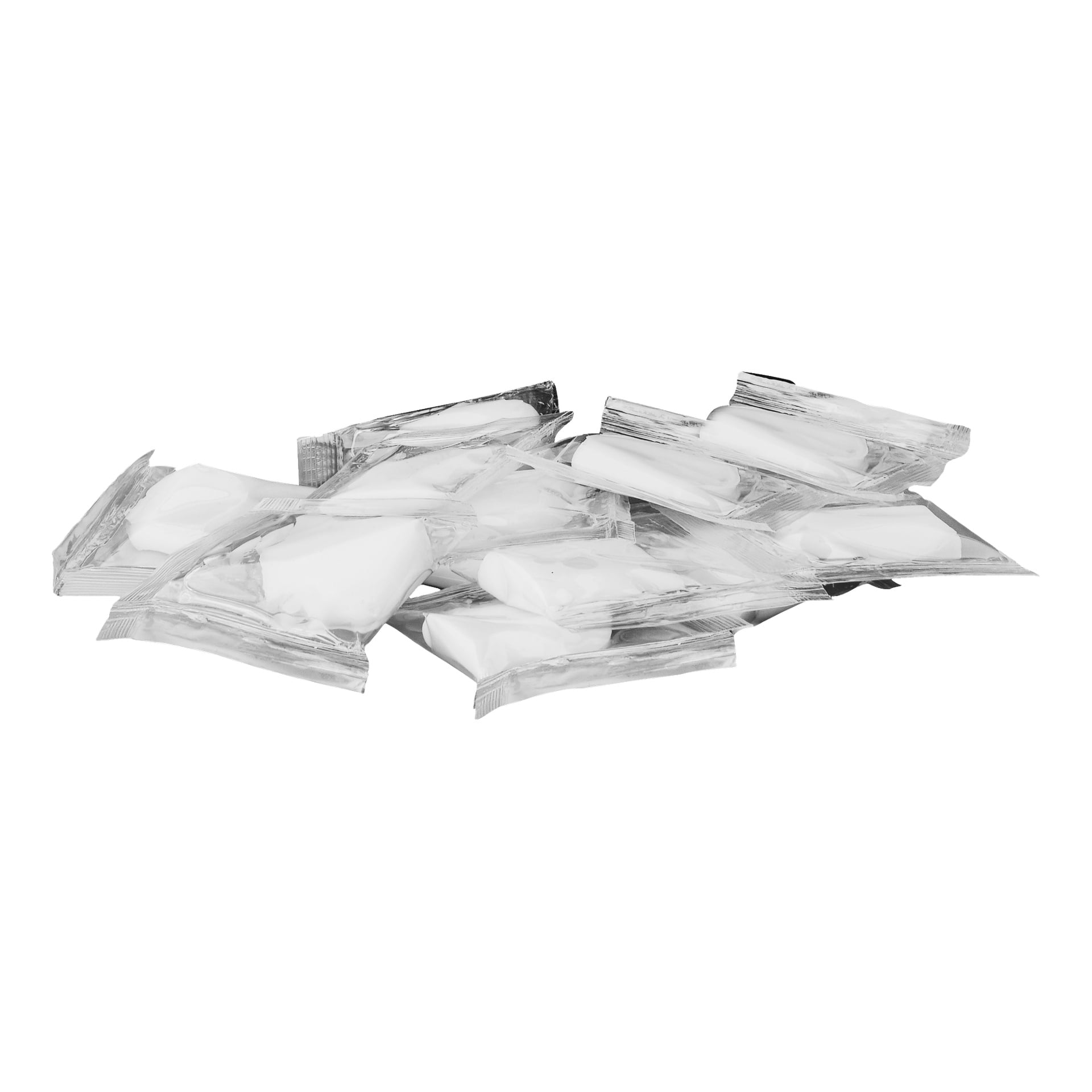 En hög Anslut Firestarter-påsar från ett 100-pack är prydligt ordnad.