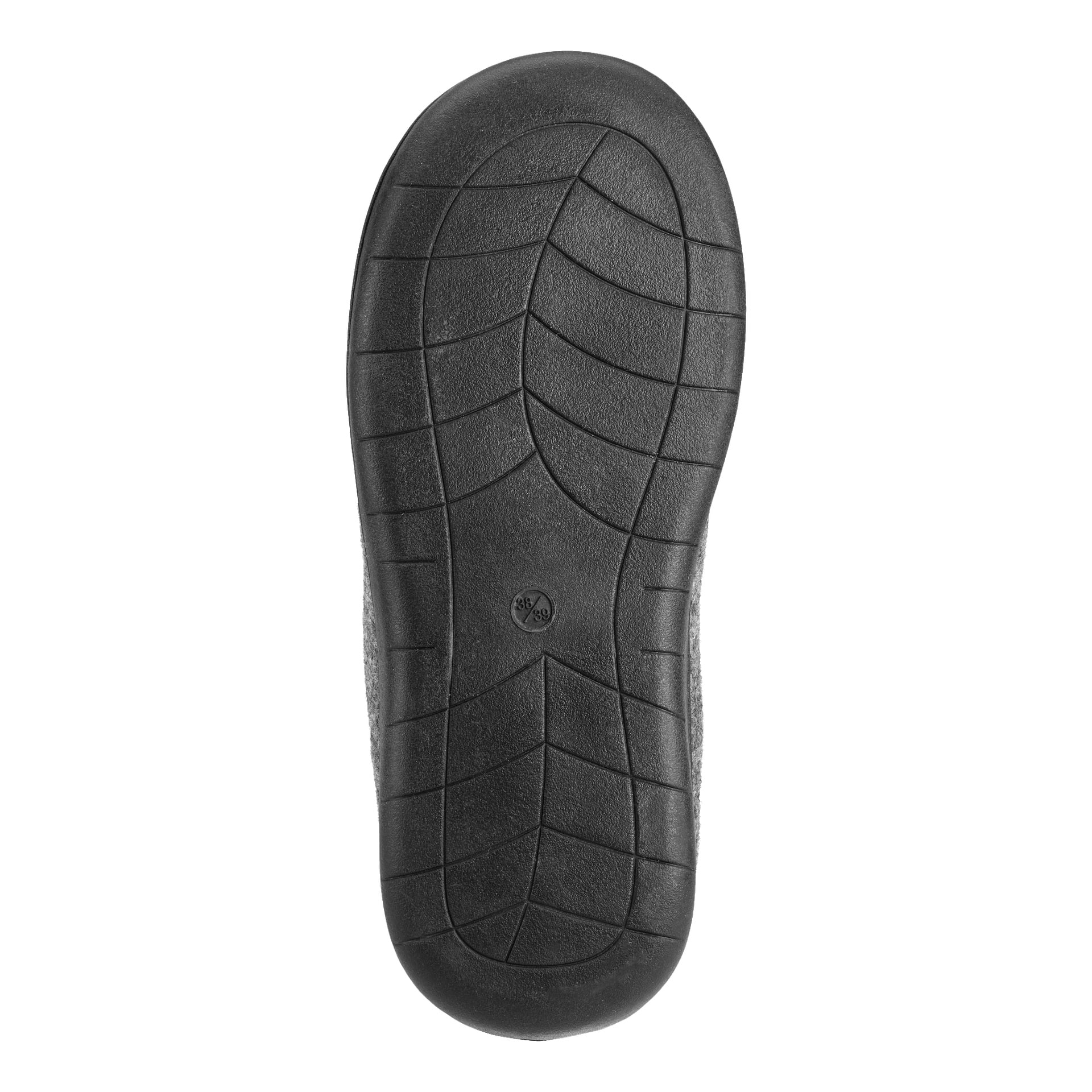 En svart gummisula från en Kayoba Outdoor Slipper visar ett vågigt, texturerat mönster och har ett centralt cirkulärt märke stämplat med siffran 39.