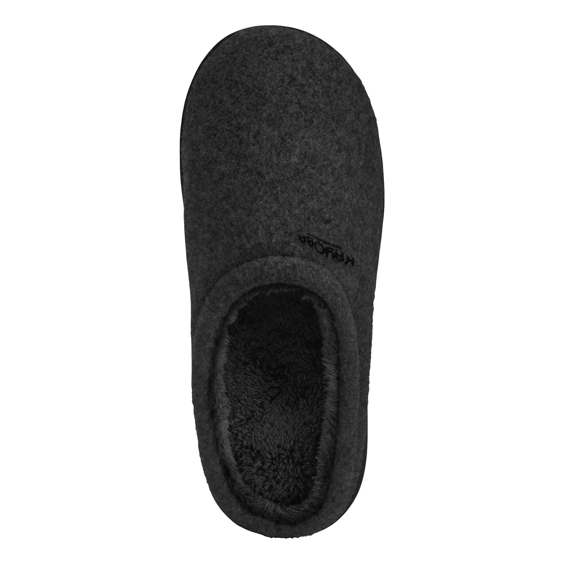 En mörkgrå Kayoba Outdoors-toffel med stängd tå och mjuk innerfoder, med det broderade varumärket på den övre delen, sett uppifrån och ner.