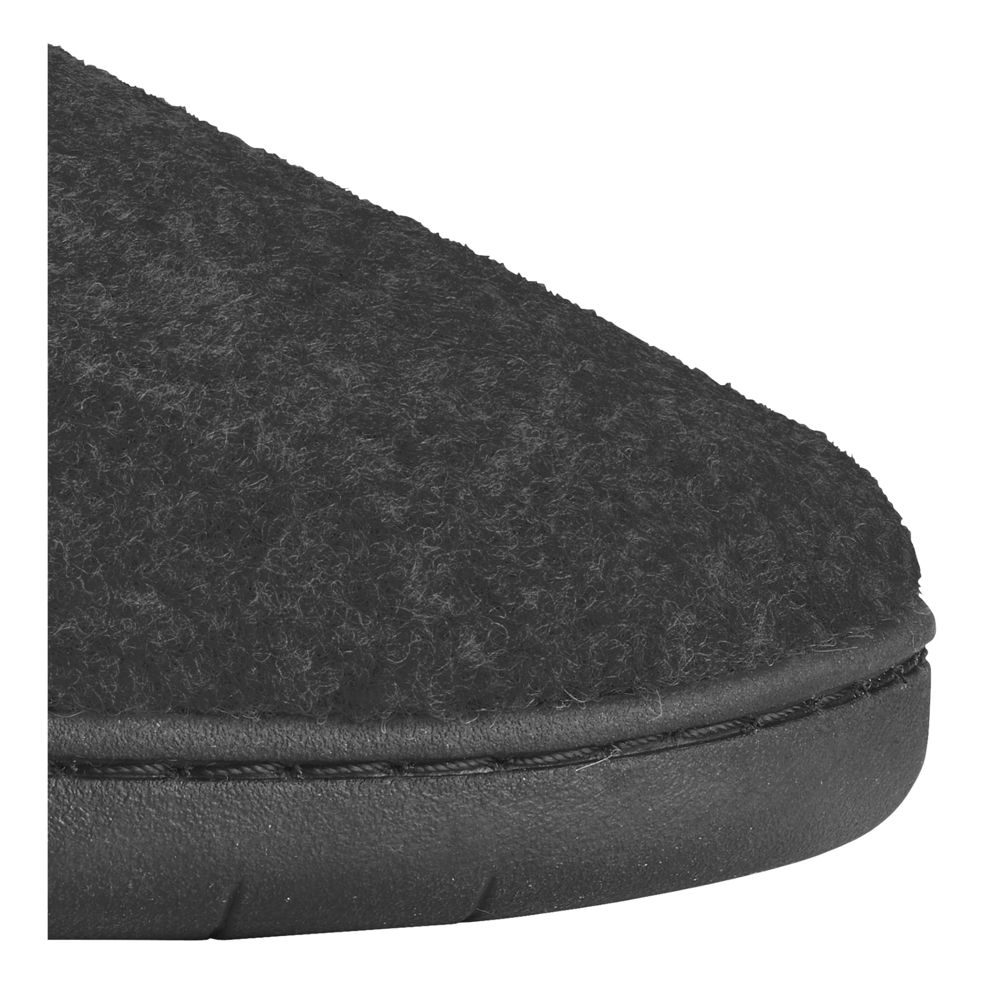 Detaljerad närbild av framdelen på en Kayoba Outdoor Slipper, som visar en mörk, mjuk tygöverdel med texturerad ludd och en stadig, tjock gummisula.