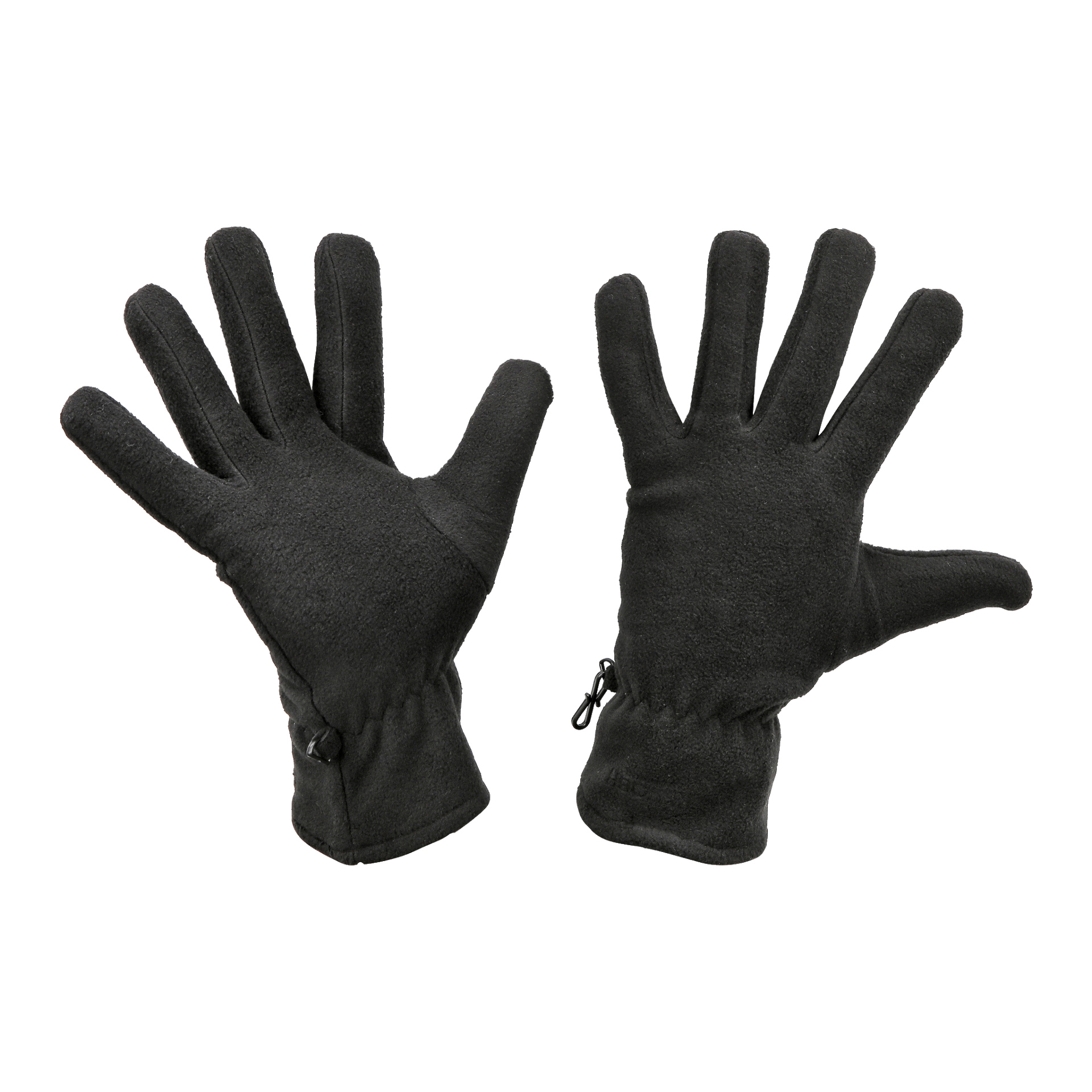 Zwei Kayoba Outdoor Fleece-Handschuhe stehen aufrecht, einer zeigt die Handfläche und der andere den Rücken, mit gespreizten Fingern.