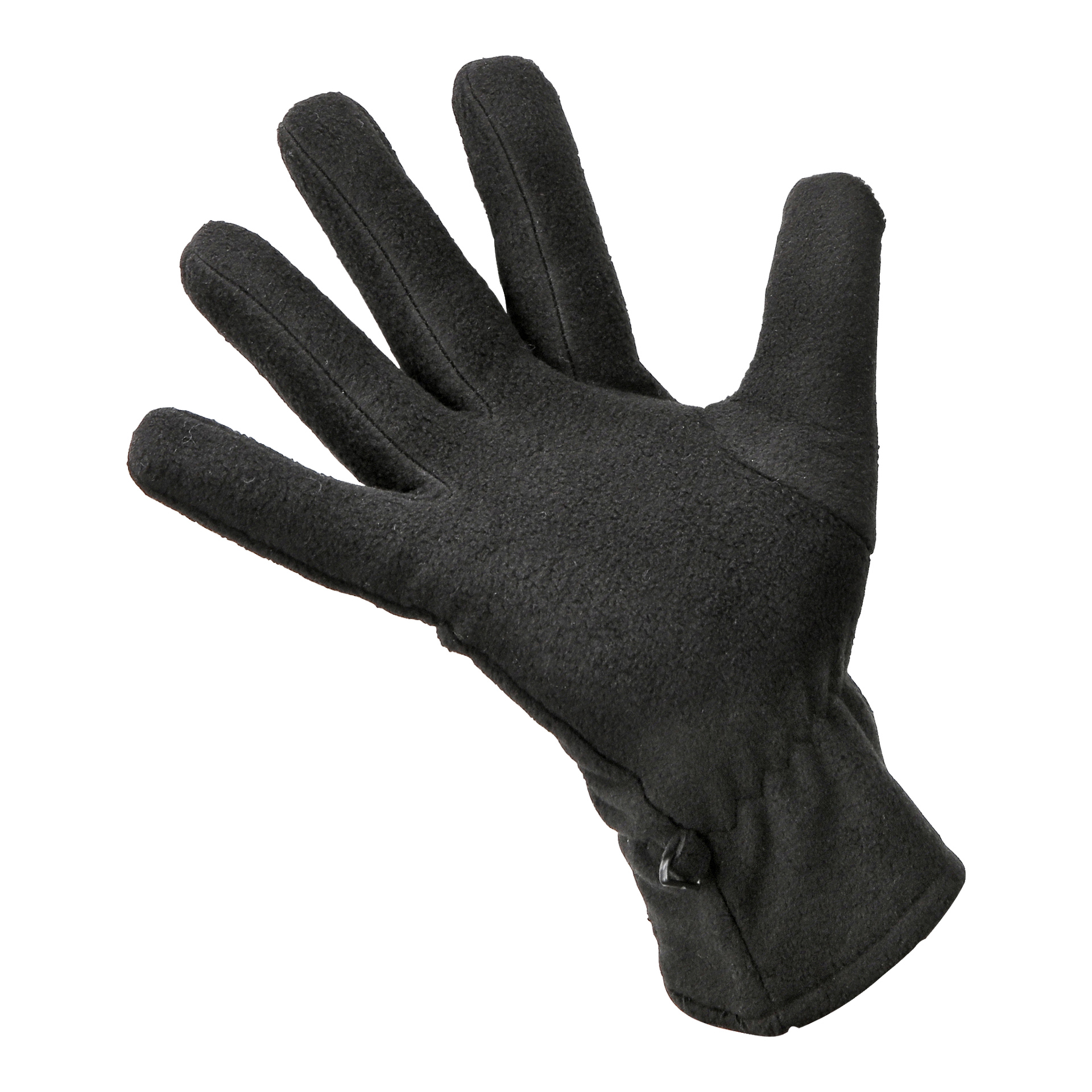 Ein schwarzer Kayoba Outdoor Fleece-Handschuh ist zu sehen, wobei die Handfläche sichtbar ist und die Finger weit gespreizt sind.
