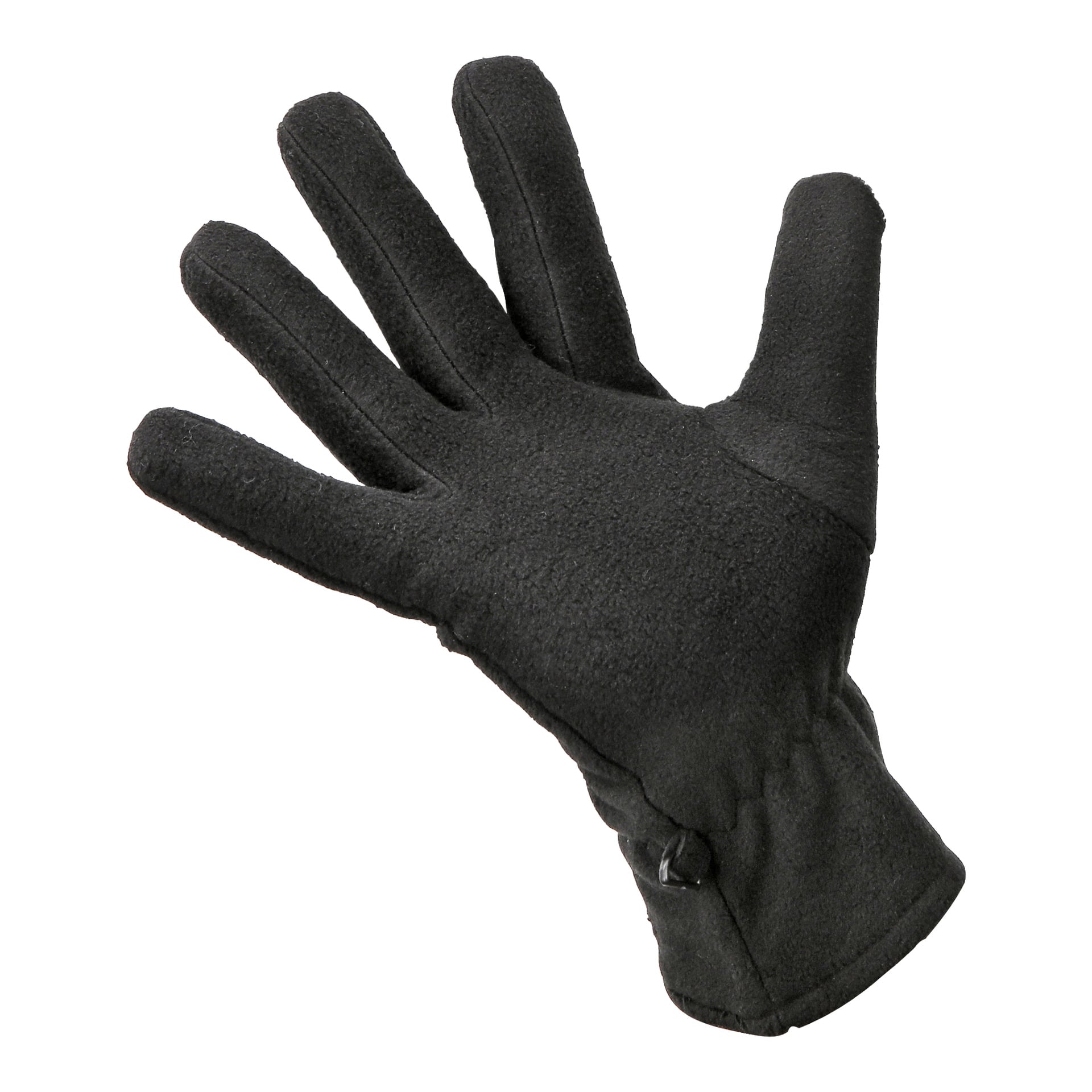 En svart Kayoba Outdoor Fleece-hanske med teksturert stoffoverflate vises med håndflaten vendt opp og fingrene spredt fra hverandre.