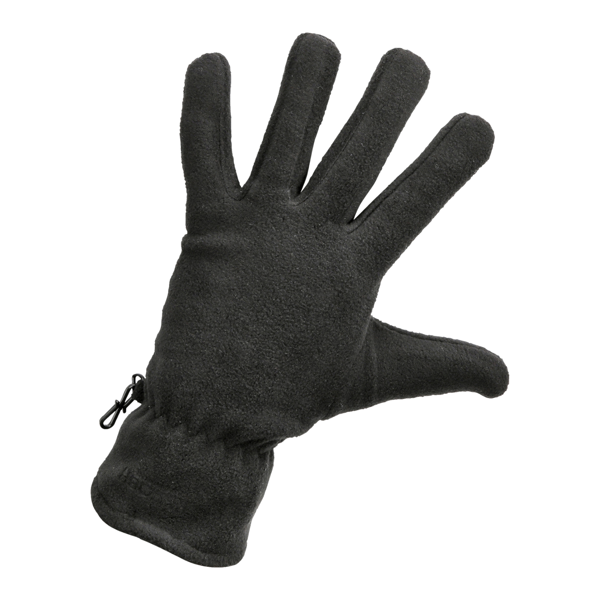 Ein schwarzer Kayoba Outdoor Fleece-Handschuh ist zu sehen, wobei die Handfläche nach außen zeigt und die Finger gespreizt sind. Sie verfügt über einen verstellbaren Handgelenkzugzug und besteht aus weichem, isolierendem Stoff.