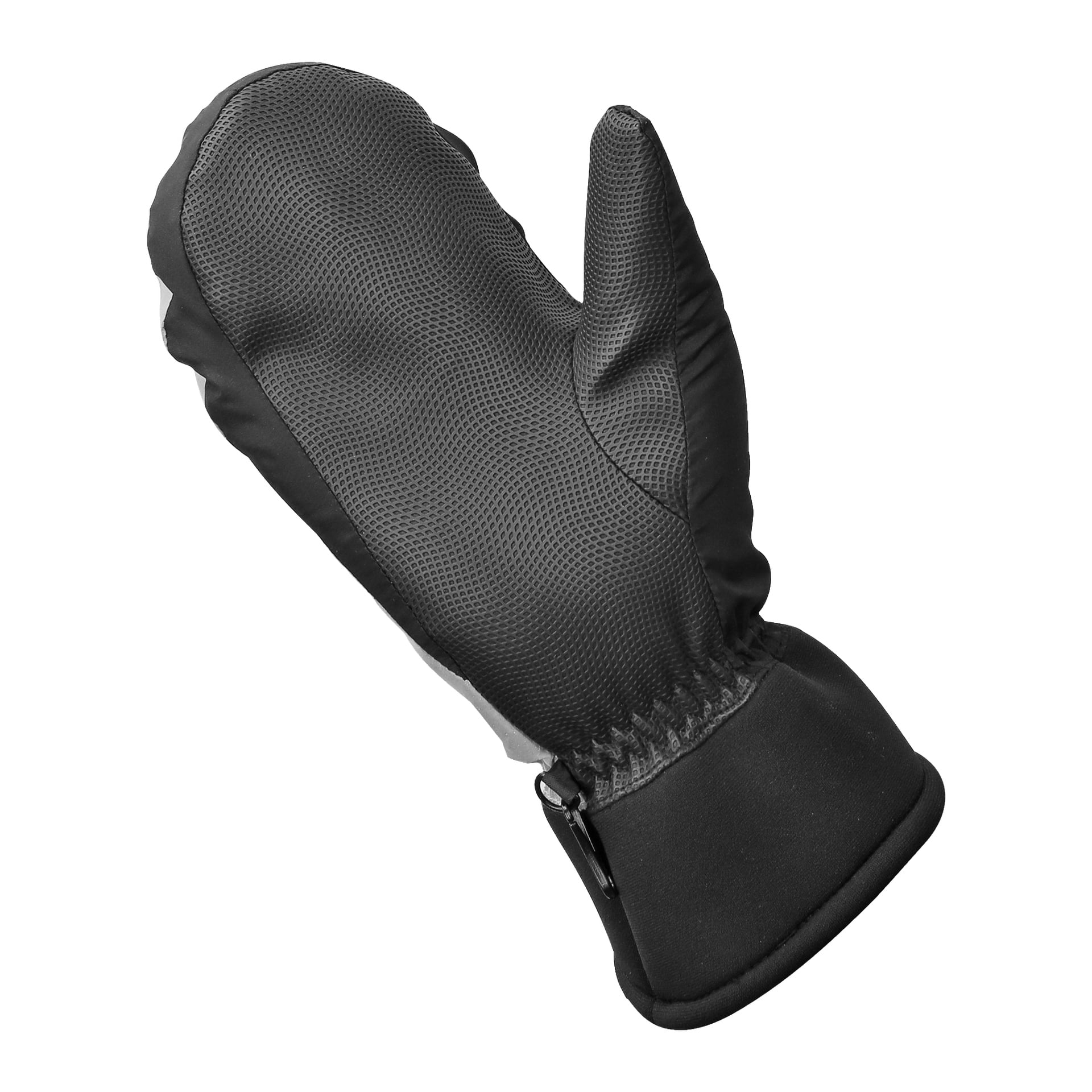 Ein schwarzer Kayoba Outdoor Winterhandschuh mit strukturierter Handfläche, Gummiband am Handgelenk und einem Reißverschluss am Bündchen ist zu sehen.
