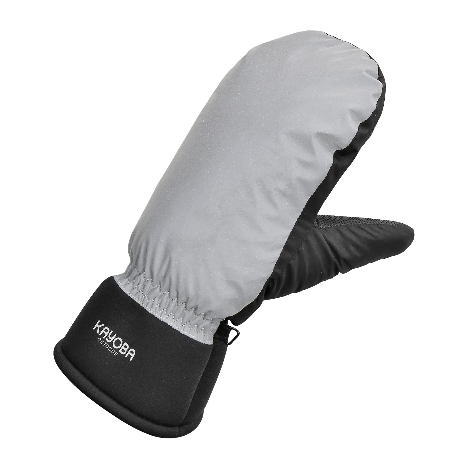 Ein Winterhandschuh in Grau und Schwarz von Kayoba Outdoor, mit dem Markennamen am Handgelenk. Der Fäustling hat eine schwarze Handfläche, einen grauen oberen Teil und ist für den Einsatz bei kaltem Wetter gedacht.