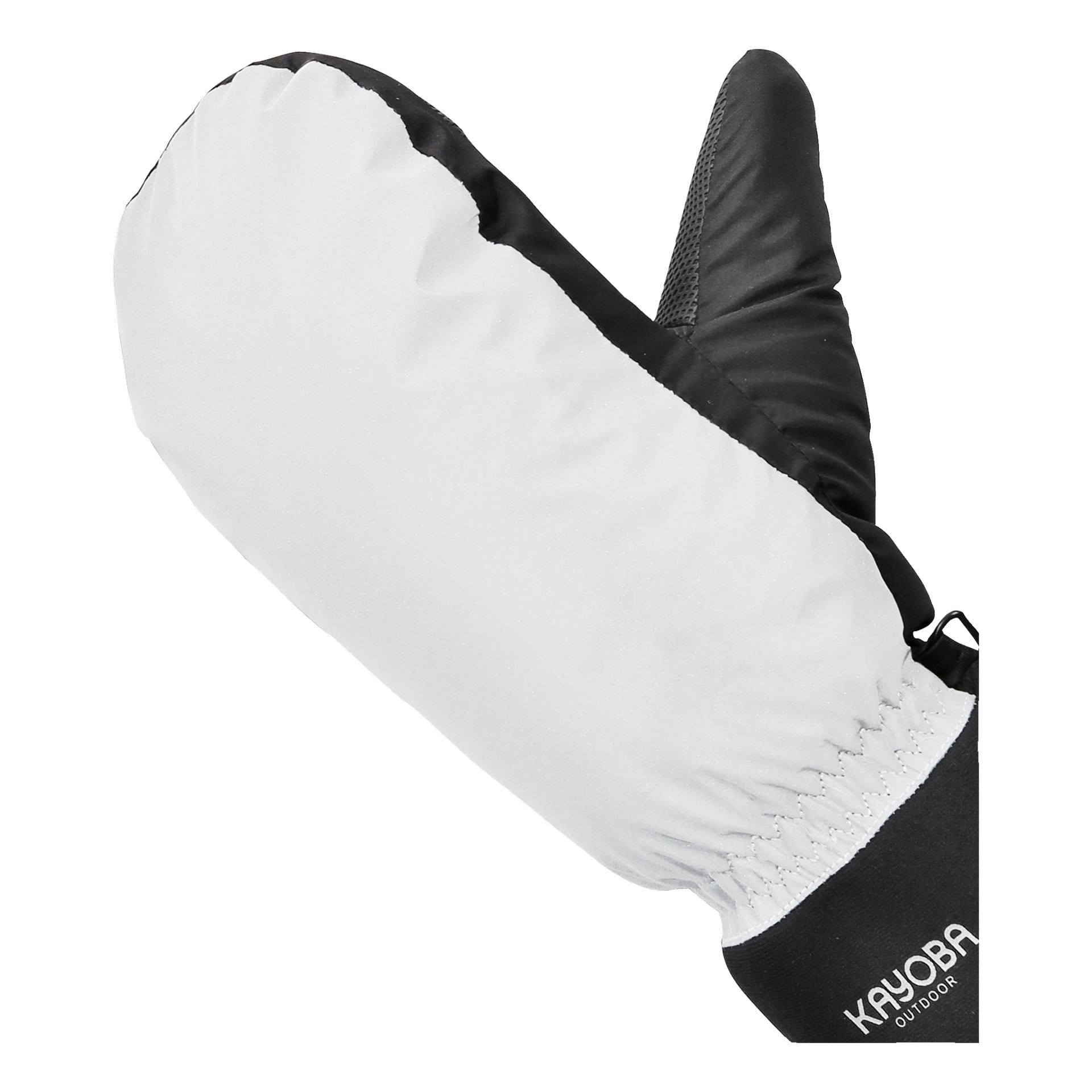 Eine detaillierte Ansicht der Kayoba Outdoor Mittens, die ihren zweifarbigen Stil mit weißer Außenfassade, schwarzem Rand und schwarzem Daumen zeigt. Das "KAYOBA"-Logo erscheint auf dem elastischen Handgelenk.