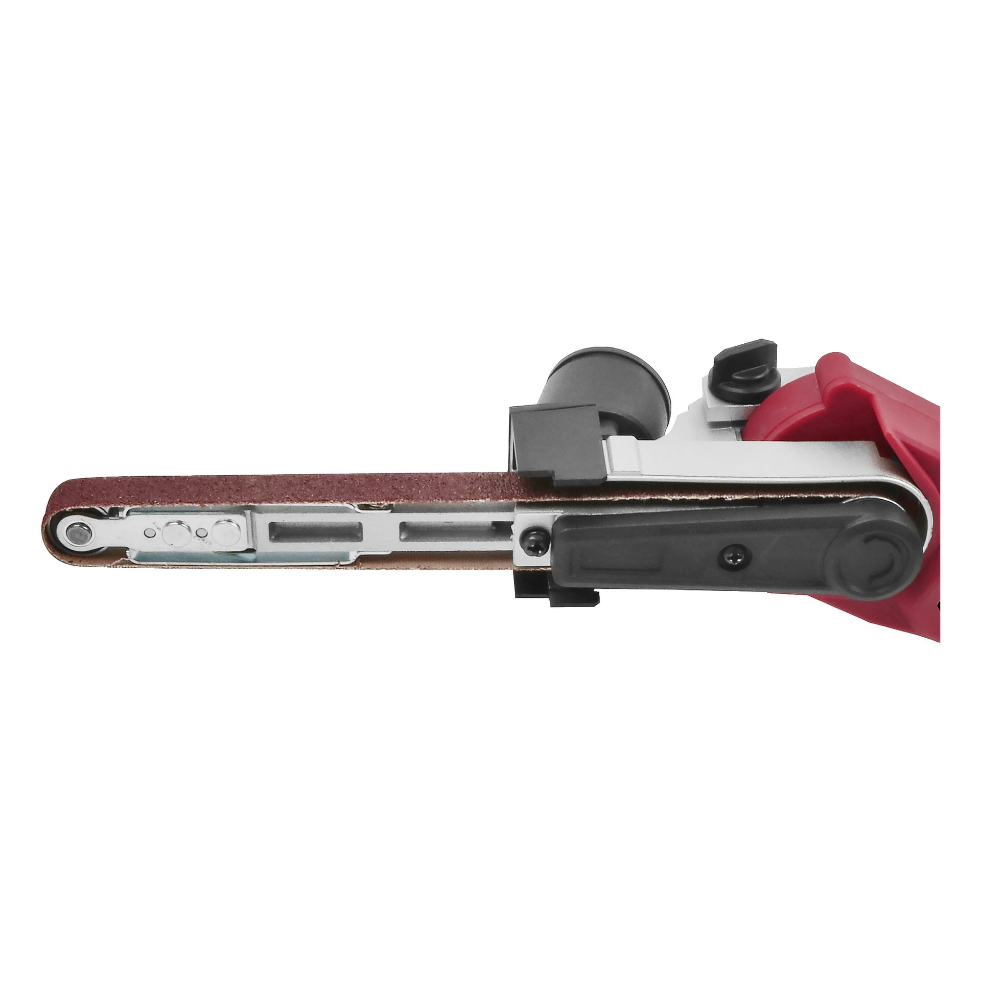 Närbild av Meec Tools Multiseries Powerfile BS-18V HOME 500 elbandslip, som visar dess röda handtag, exponerade slipband och stadiga metallram. Slipmaskinen är horisontellt orienterad med bandet riktat åt vänster.