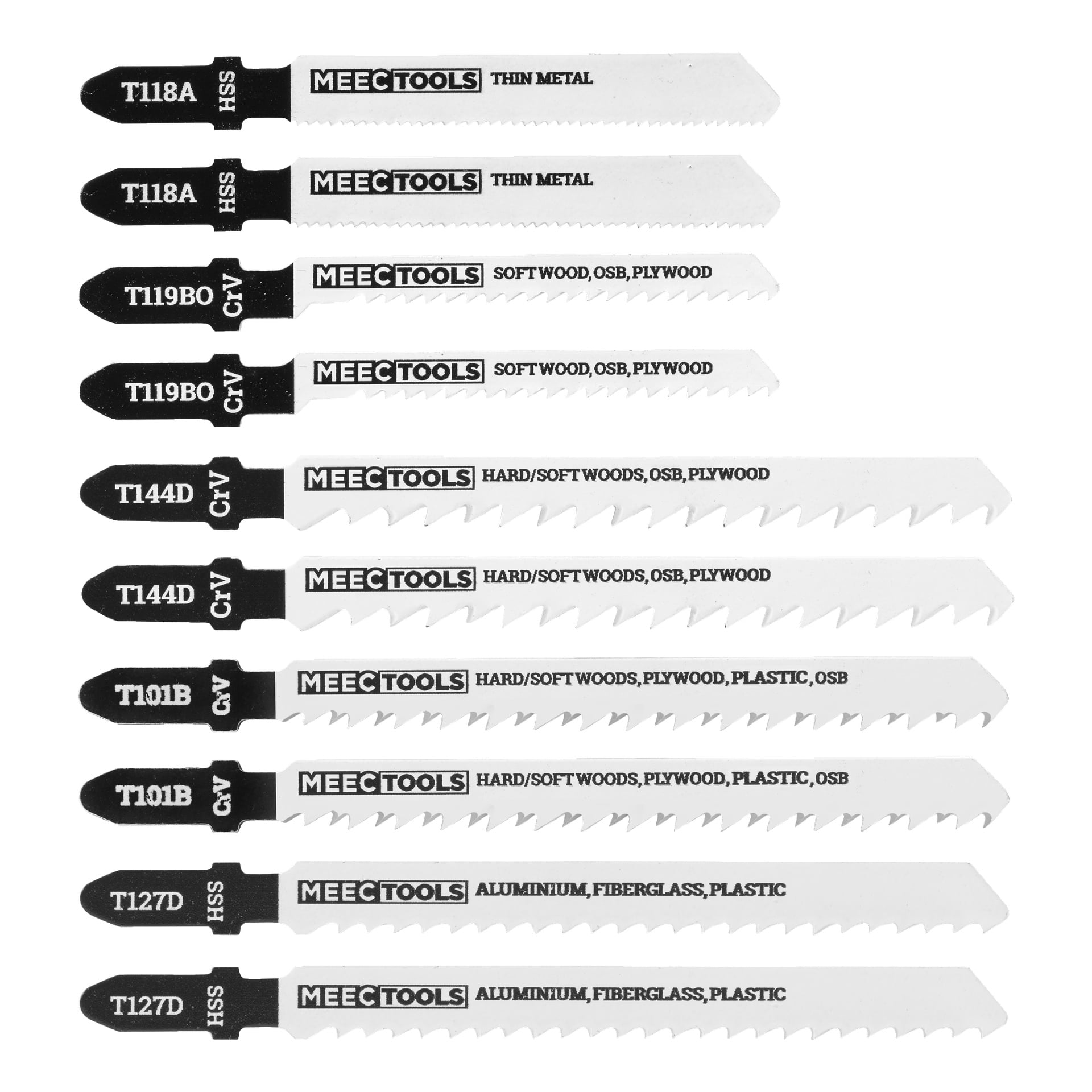 Ett set med tio Meec Tools-sticksågsblad är placerade vertikalt, där varje blad är avsett för användning på olika material som tunn metall, mjukträ, plywood, plast, OSB, aluminium och glasfiber.