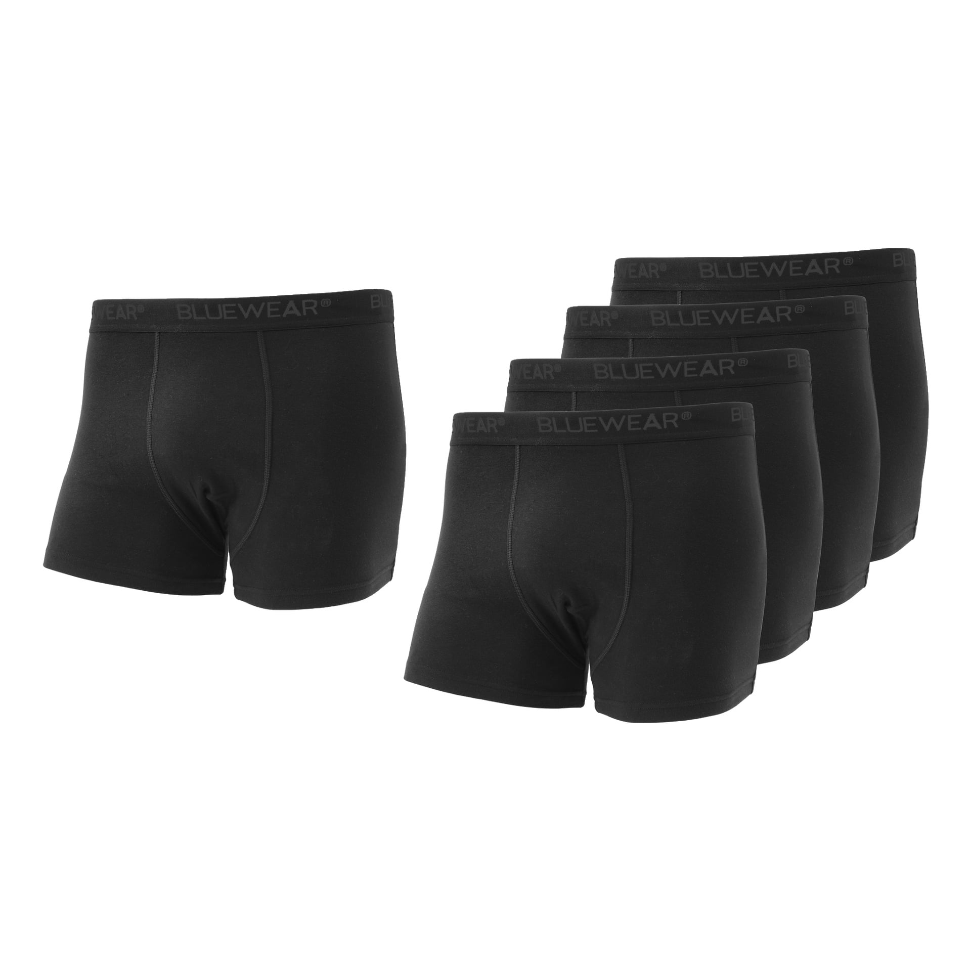 Fem svarta herrboxershorts från Bluewear 5-packet visas, alla med en grå Bluewear-logga på midjebandet. Fyra par är placerade längst bak, och ett placeras längst fram.