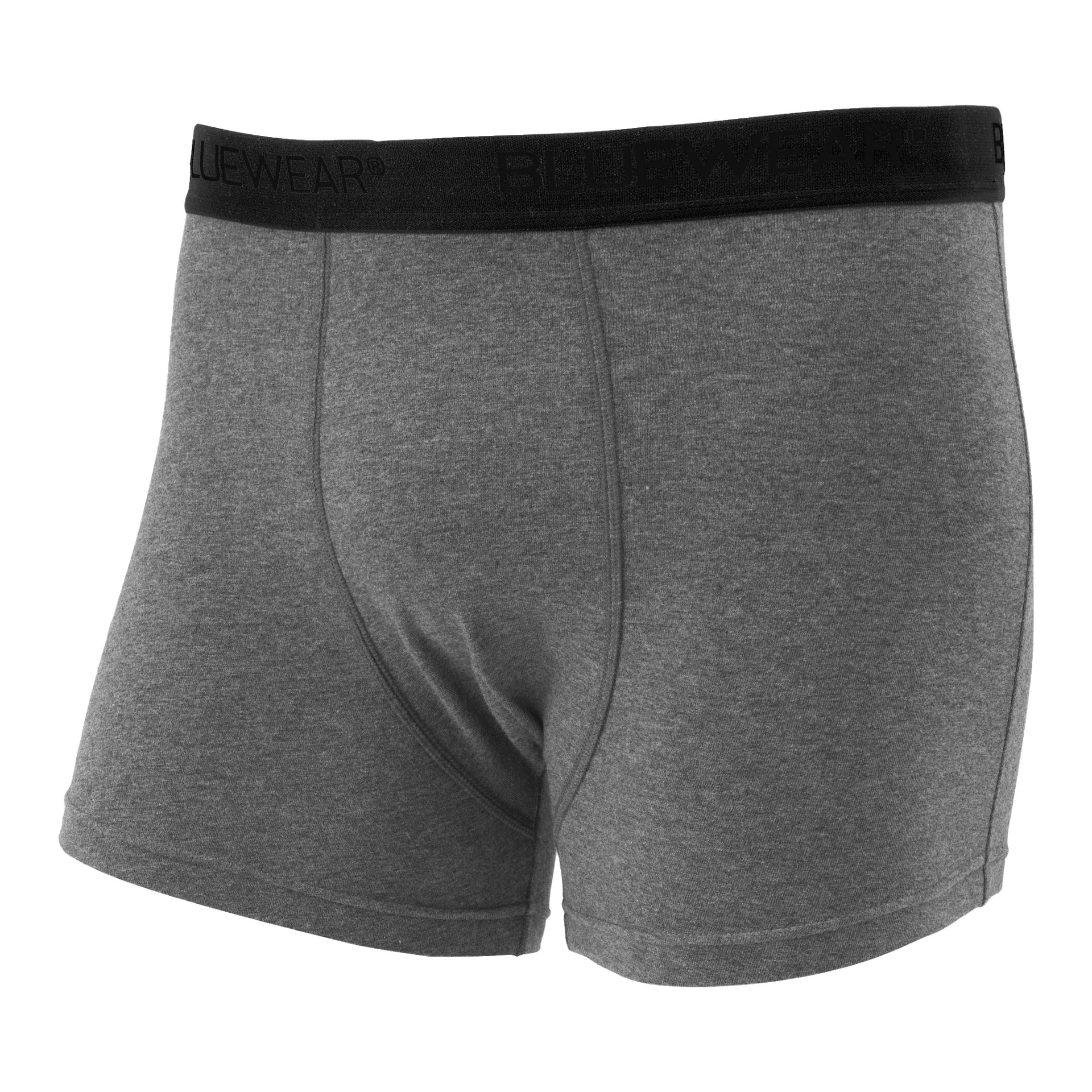 Ett par grå herrboxershorts från Bluewear 3-packet, med ett svart elastiskt midjeband med texten "BLUEWEAR" på. Det mjuka, stretchiga tyget är tydligt synligt.