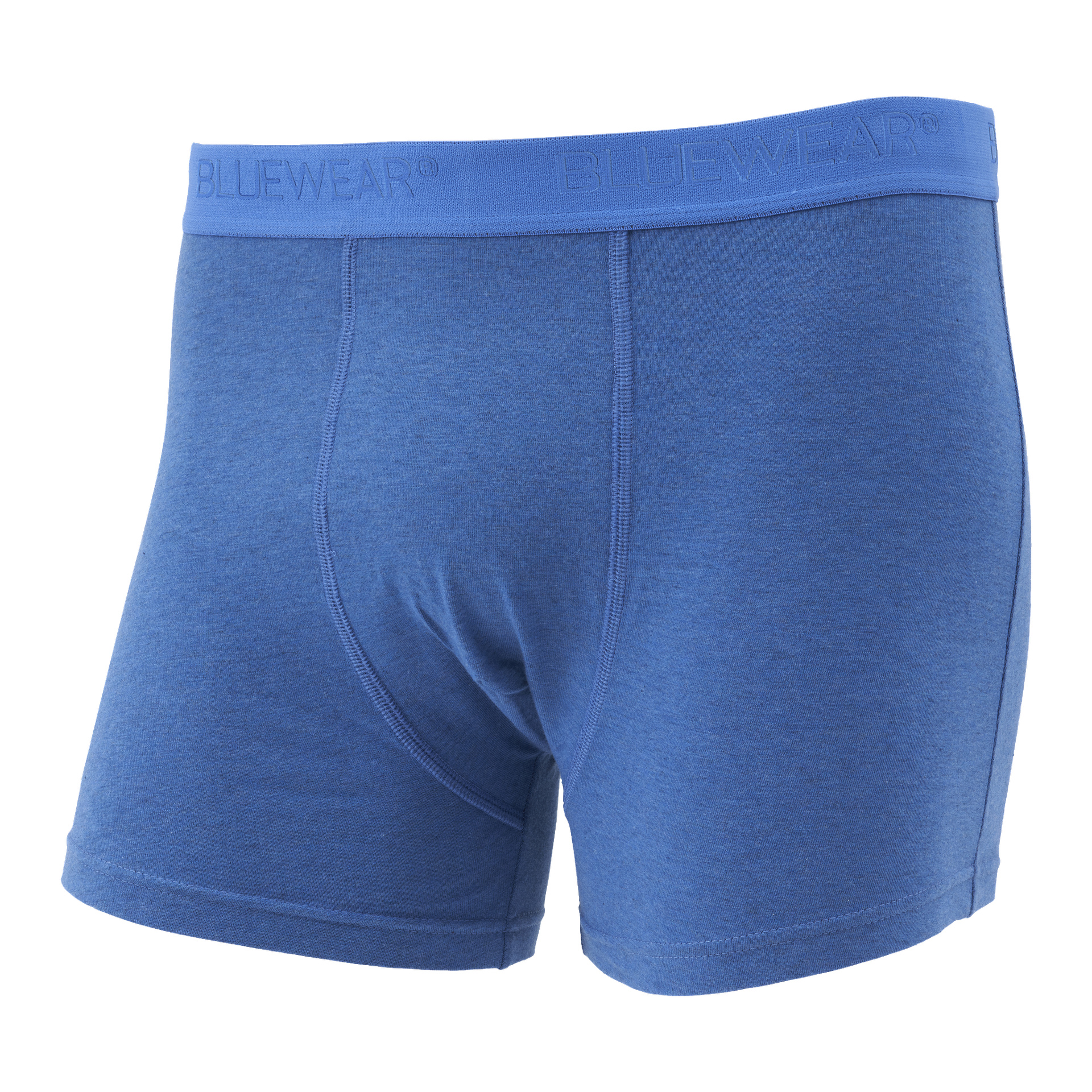 Herrblå boxershorts från Bluewear Boxer shorts 3-pack, designade med ett elastiskt midjeband med BLUEWEAR-loggan runt toppen. Materialet verkar slätt och flexibelt, med märkbara sömmar längs sömmarna och en framficka designad för komfort.