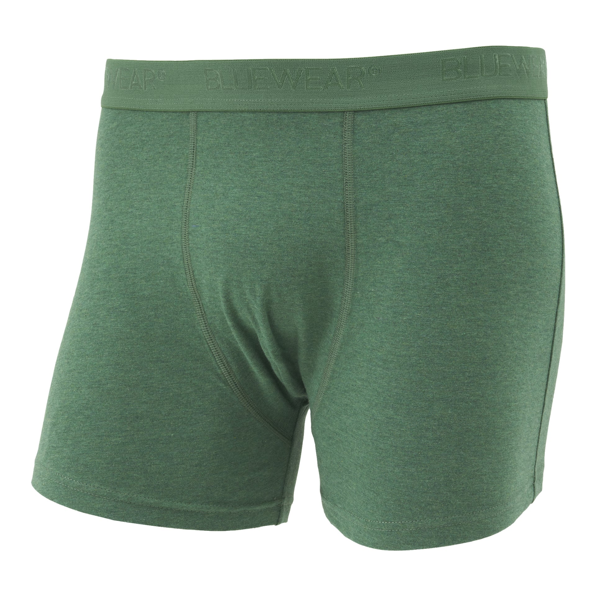 Ett par gröna Bluewear-boxershorts från en 3-pack, med framträdande sömmar och ett midjeband präglat med Bluewear-loggan.