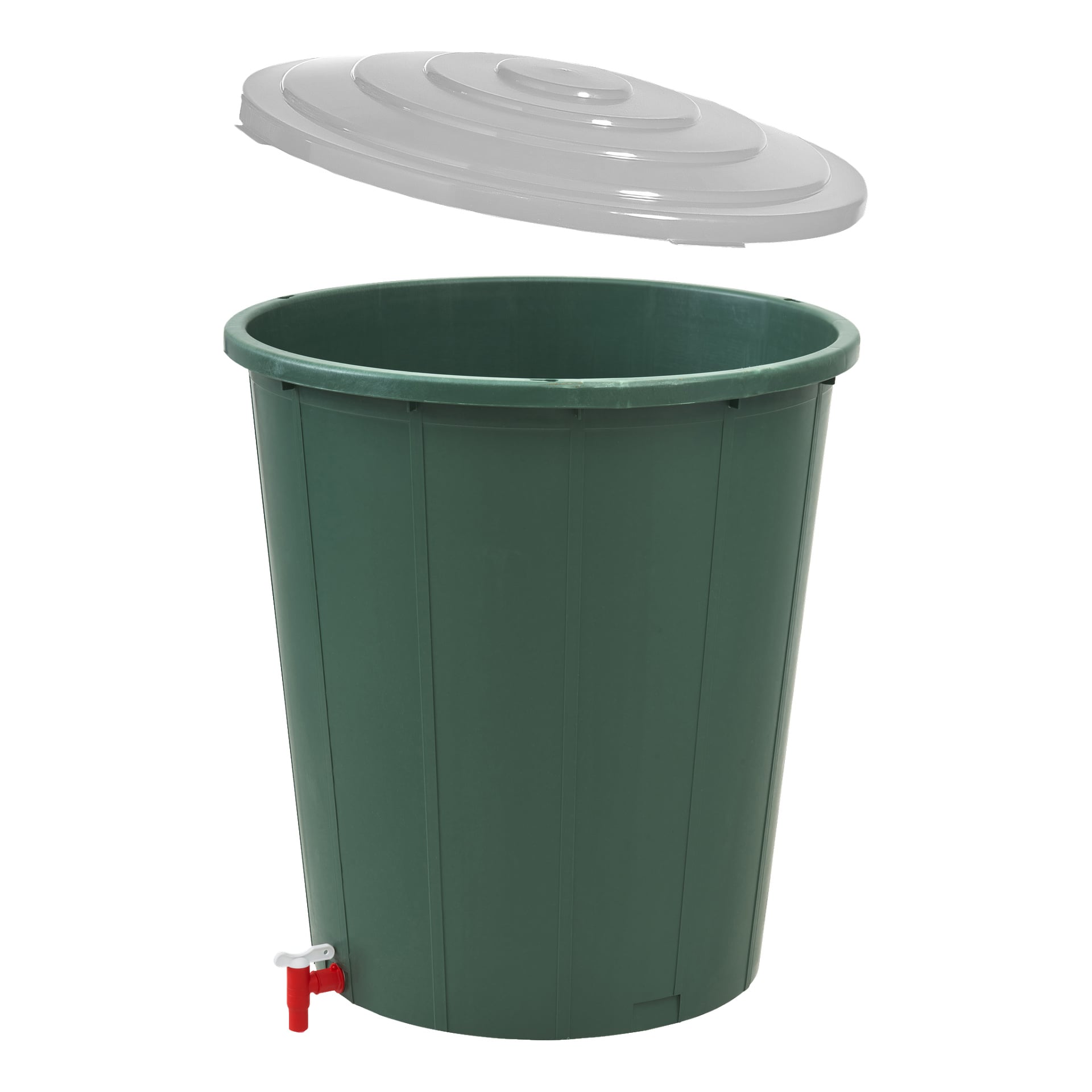 Ett stort Hard Head Water-fat tillverkat av grön plast, med sitt runda lock ovanför behållaren och en rödvit kran monterad nära basen.
