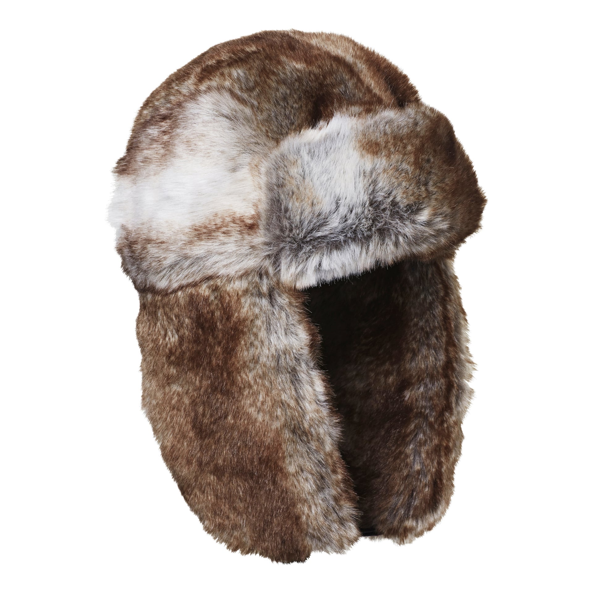 En Kayoba Outdoor Fur-hatt gjord av brun och vit fuskpäls med öronflikar och bred framkant.