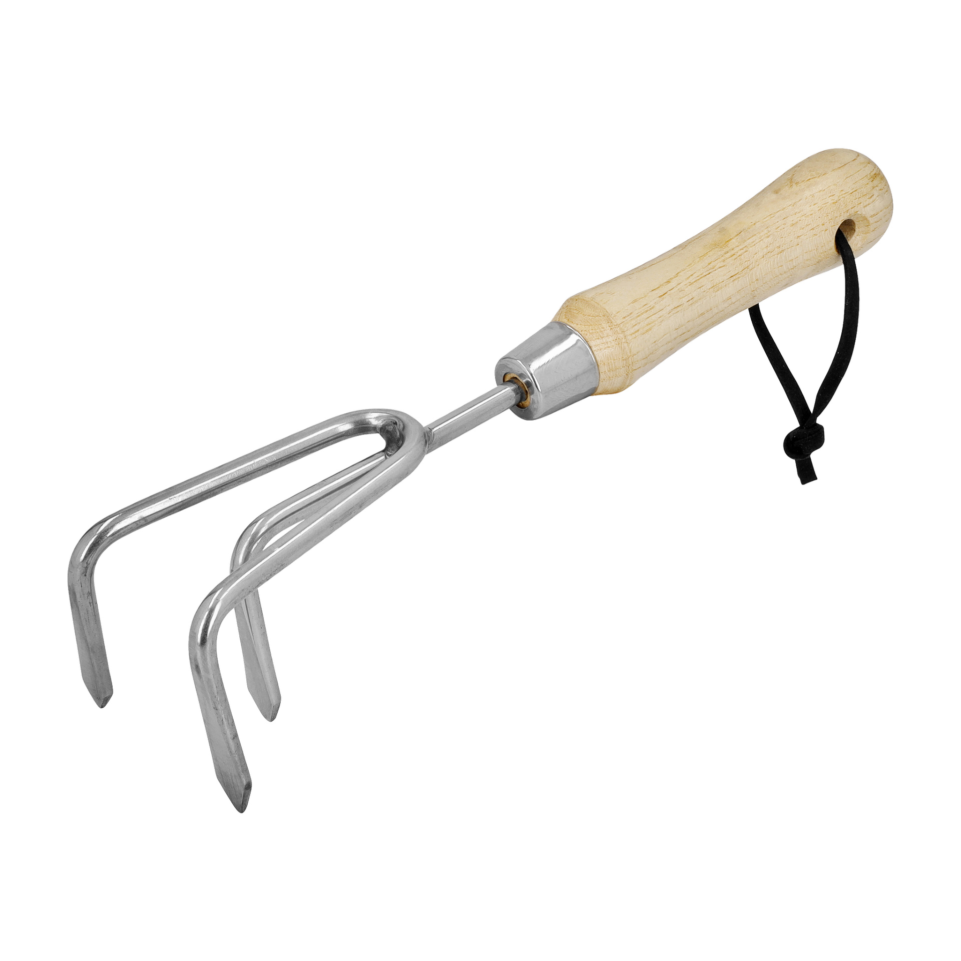 Hard Head Cultivator ma trzy metalowe bolce, lekki drewniany uchwyt i czarną pętlę do wieszania. Idealnie nadaje się do prac ogrodniczych, takich jak rozluźnianie ziemi.