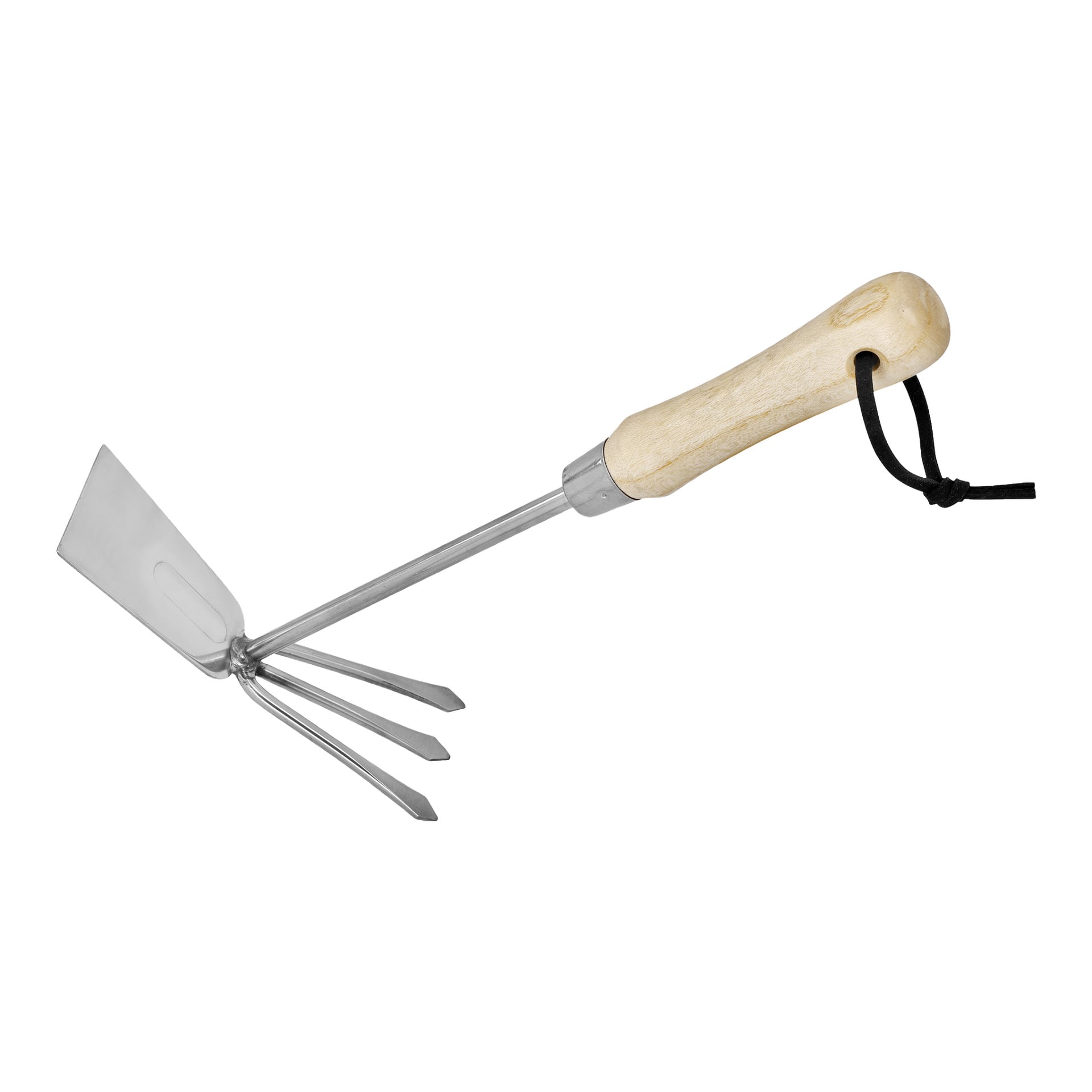 Hard Head Cultivator-hakken har et trehåndtak, svart stropp, metallskaft, tre pigger og et flatt blad.