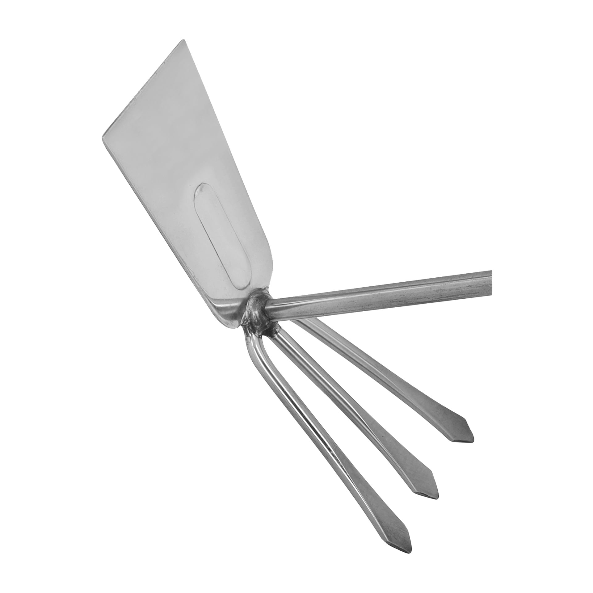 Hard Head Cultivator-hakken har et flatt, rektangulært blad på den ene siden og tre spisse tagger på den andre, alt festet til et metallhåndtak.
