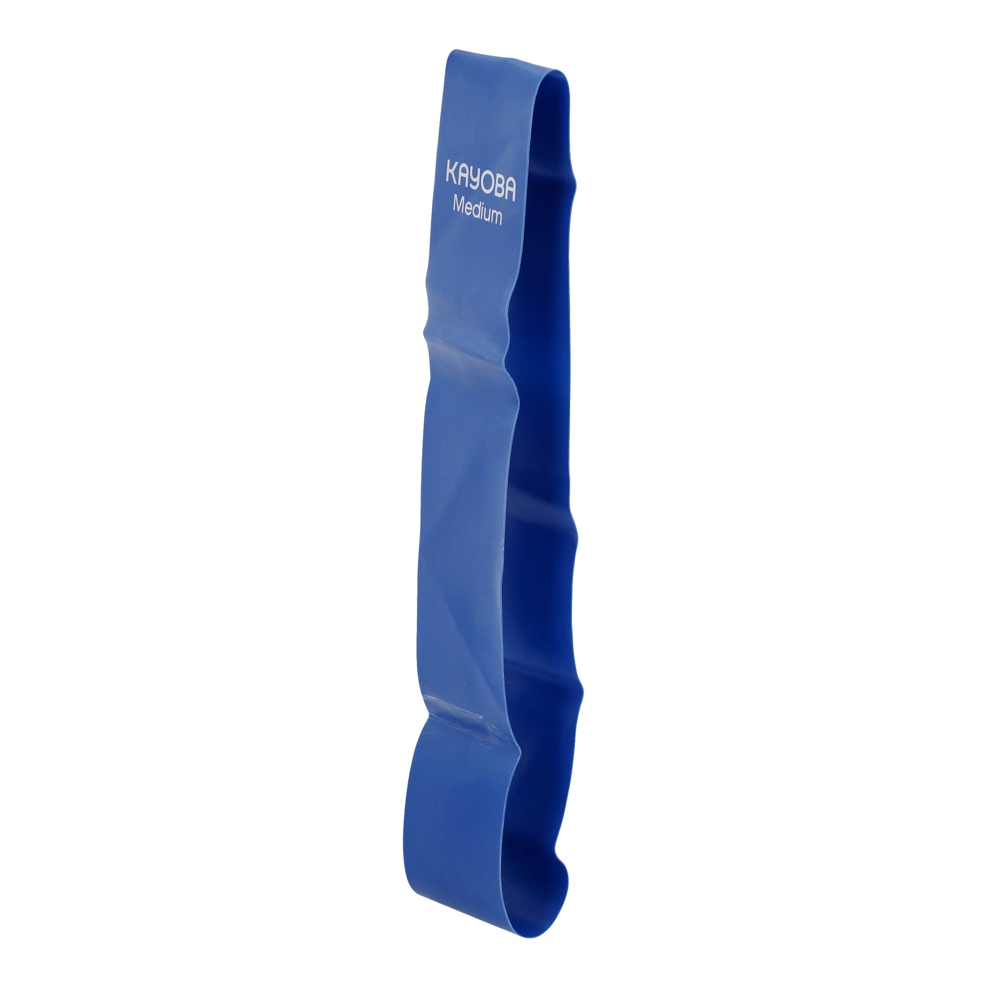 Ett blått motståndsband från Kayoba Mini bands tredelade set står upprätt och visar tydliga veck och veck längs längden.