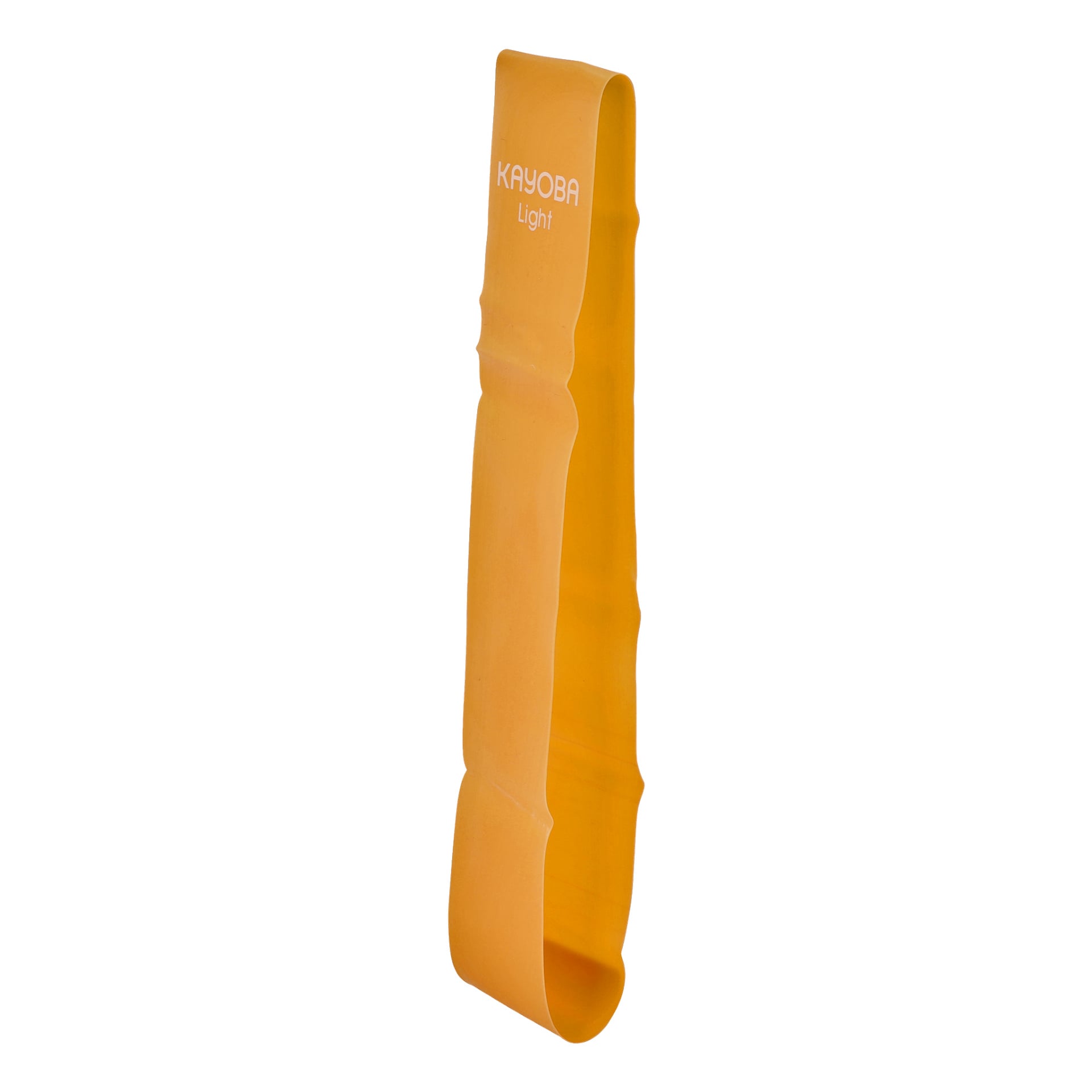 Ett orange Kayoba Mini-bands motståndsband från tredelade setet, märkt "Light", hänger vertikalt.