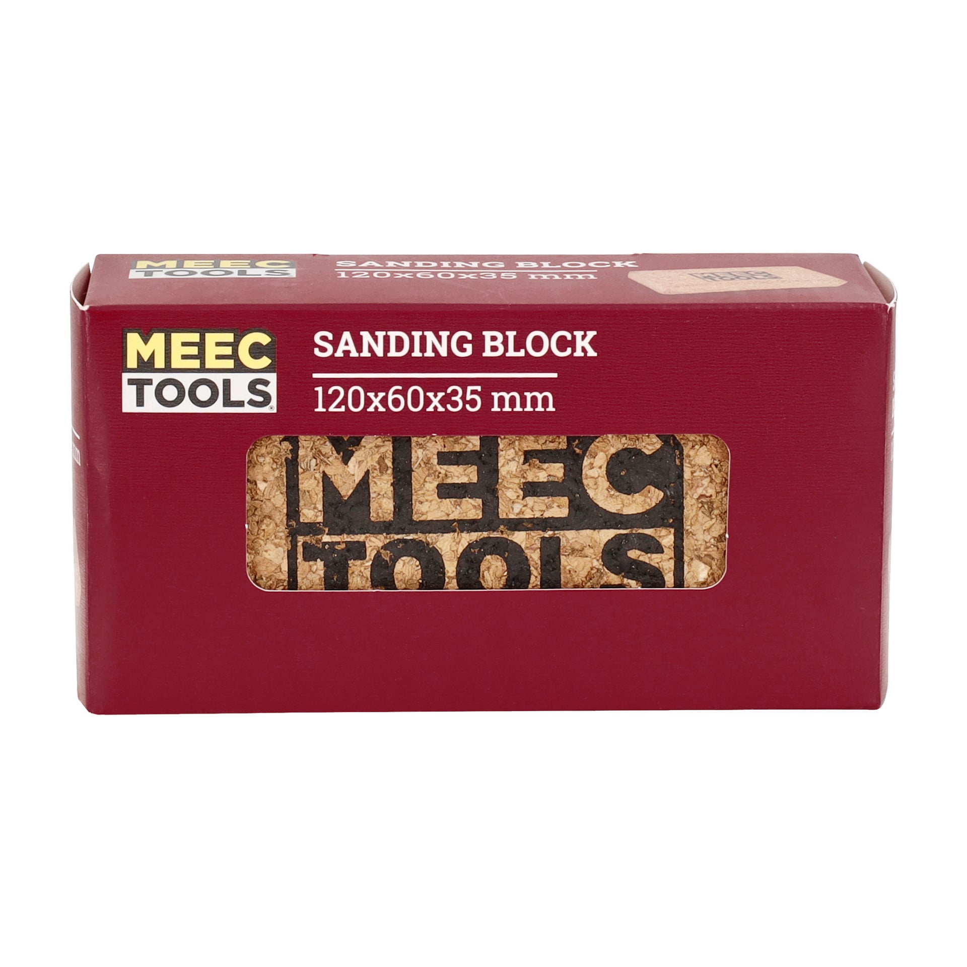 En röd låda märkt "Meec Tools slipblock", storleken 120 x 60 x 35 mm, med ett transparent fönster som visar slipblocket inuti och Meec Tools-loggan på förpackningen.