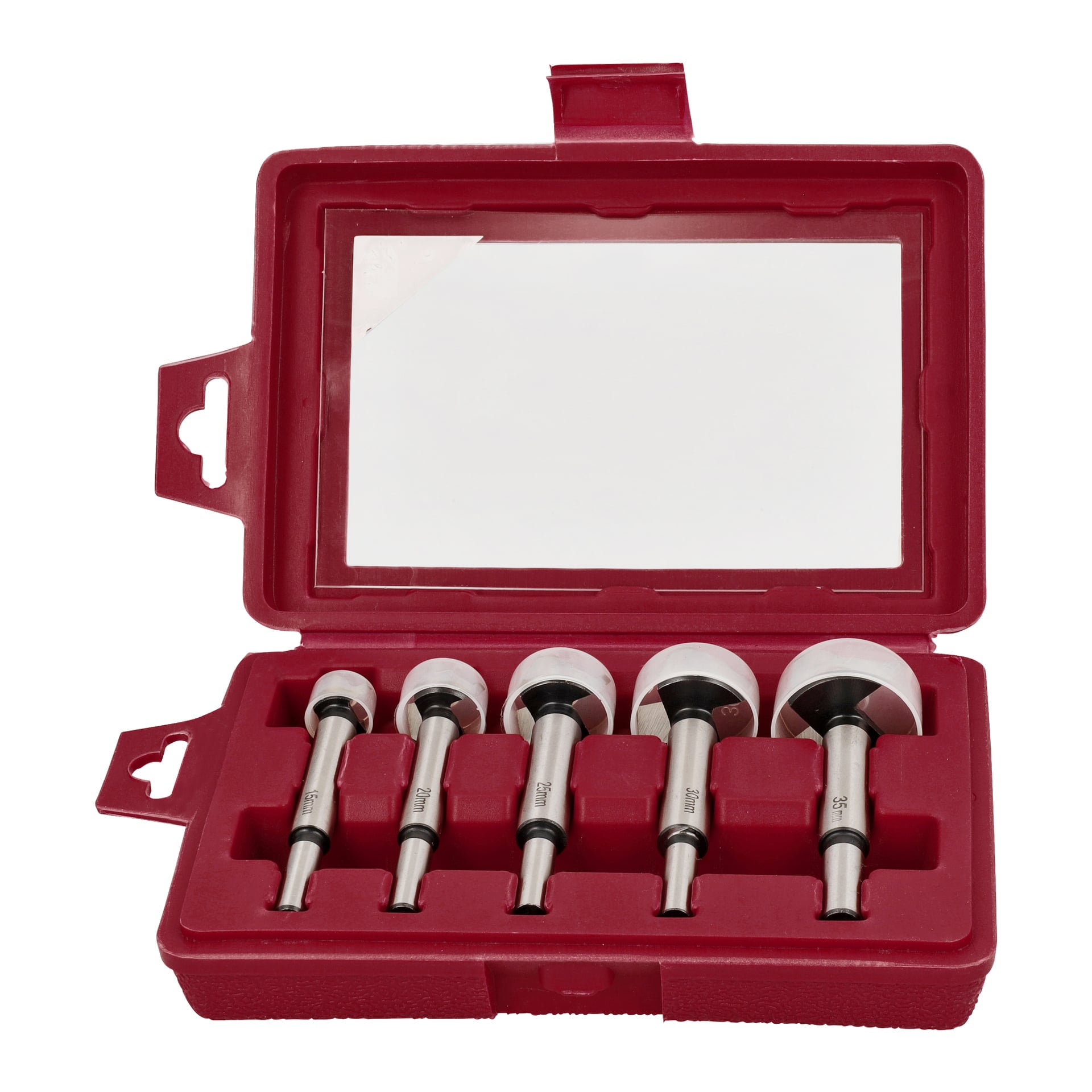 Ett rött plastfodral från Meec Tools innehåller ett set med fem metallcylindrar med platta skärspetsar, var och en placerad i sin avsedda springa. Det öppna fodralet avslöjar ett genomskinligt lock och ett sidolås.