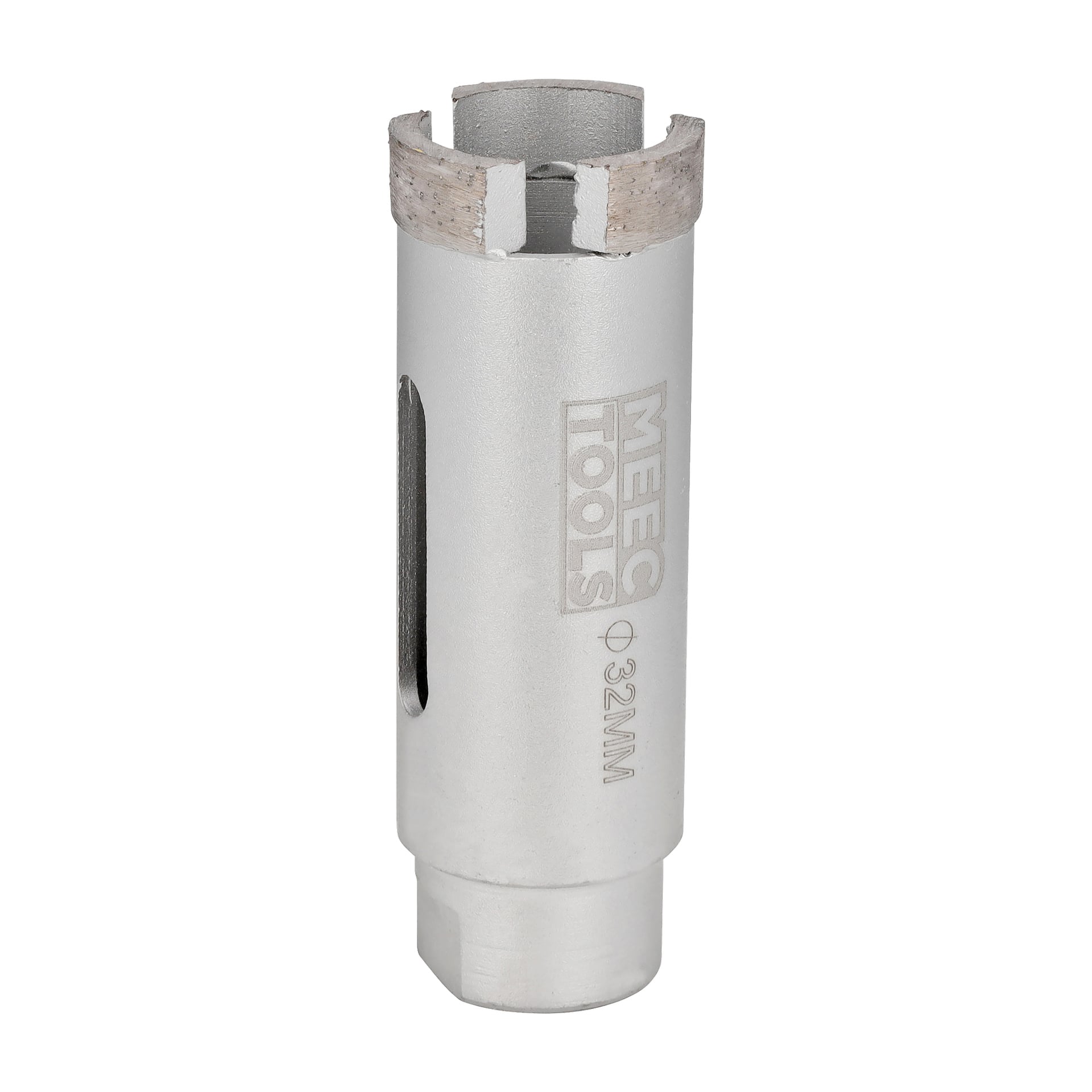 En 32 mm silverfärgad diamantbelagd hålborr med sidoöppningar och Meec Tools-logotypen ingraverad på ytan.