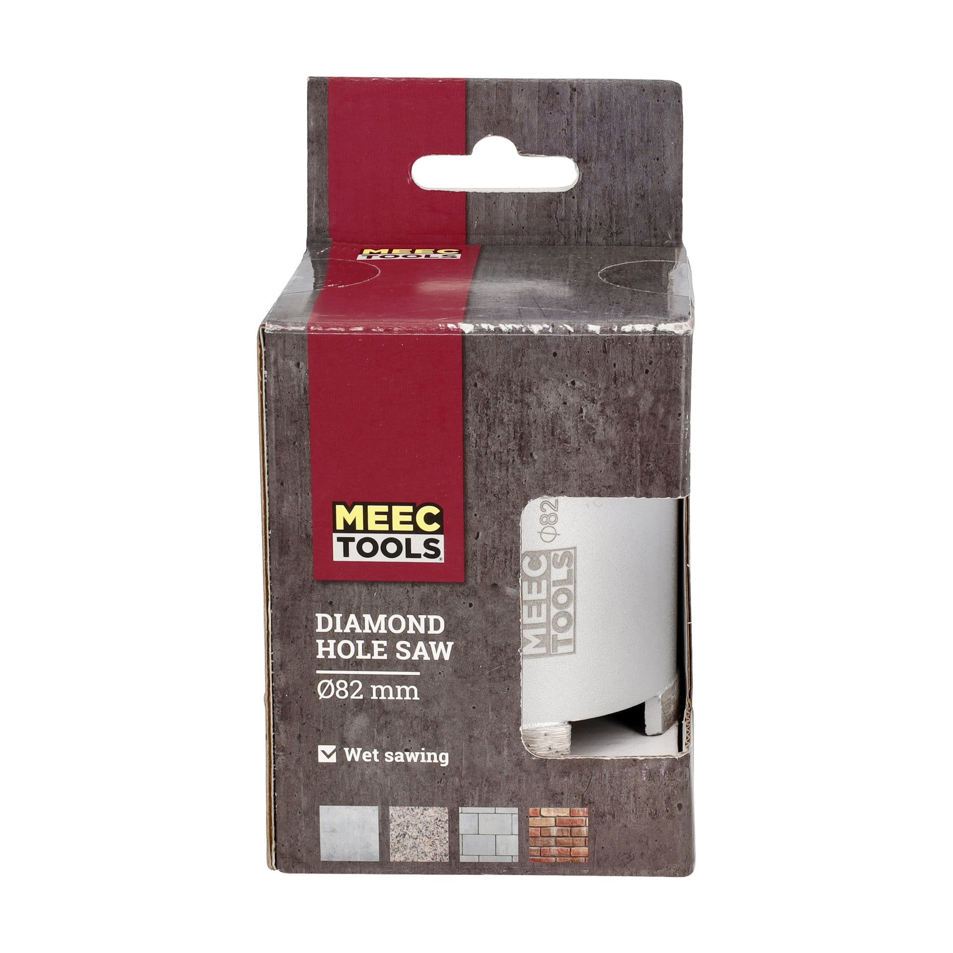 En Meec Tools diamanthålsåg, 82 mm i diameter, designad för våtskärning, visas i förpackningen. Lådan visar en bild av själva verktyget tillsammans med produktnamnet och ikoner som visar dess användning för kakel, betong, sten och tegel.