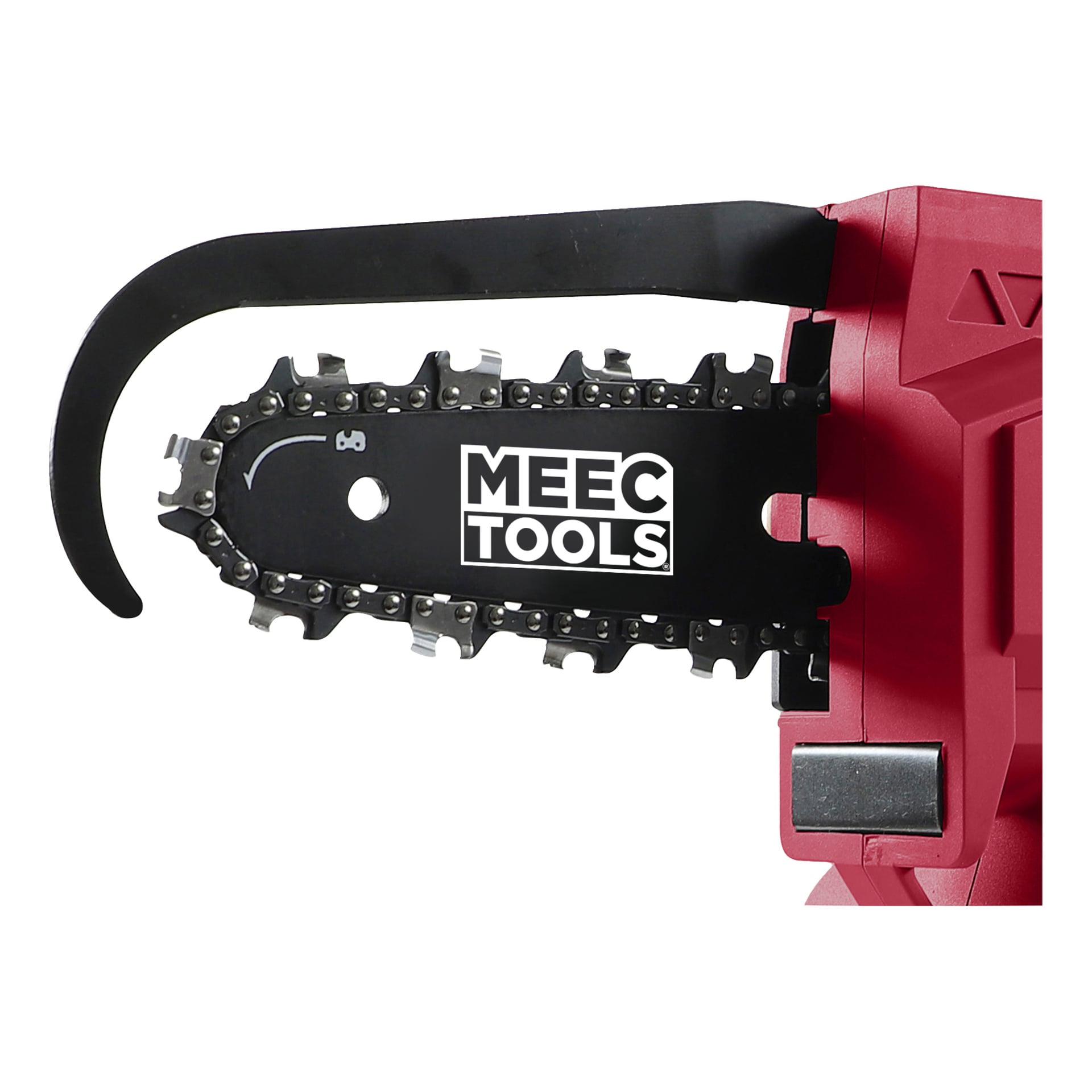 Närbild på en röd batteridriven beskärningssåg märkt SP-18V HOME 300 med svart bladlock och Meec Tools Multiseries-logotypen. Kedjetänderna och skyddsskyddet syns.
