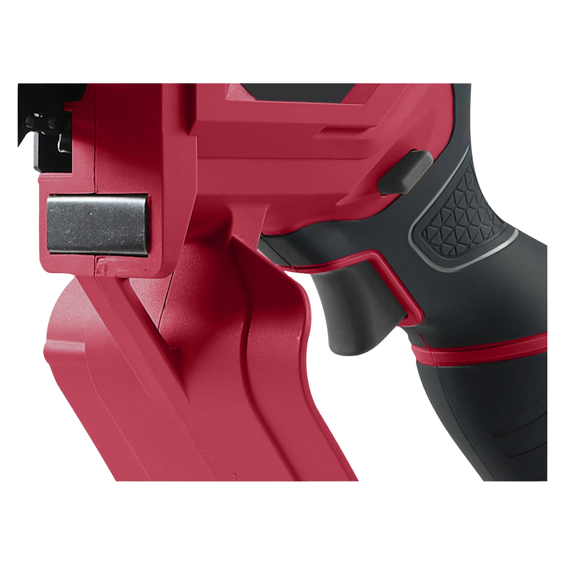 Närbild på Meec Tools Multiseries batteridrivna beskärningssåg SP-18V HOME 300-handtaget som visar ett texturerat rött och svart grepp, synlig avtryckare, karossdetaljer och en metallisk del till vänster. Texten SP-18V HOME 300 är synlig.
