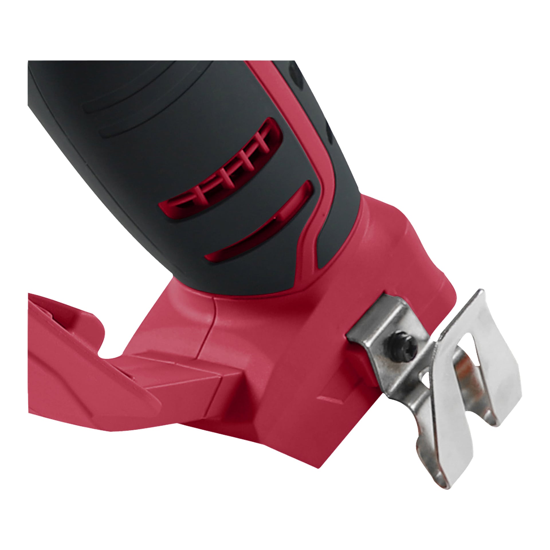 En närbild på basen och handtaget på Meec Tools Multiseries SP-18V HOME 300 batteridrivna beskärningssåg i rött och svart, som visar dess metallfäste, texturerade grepp och ventilliknande detaljer.