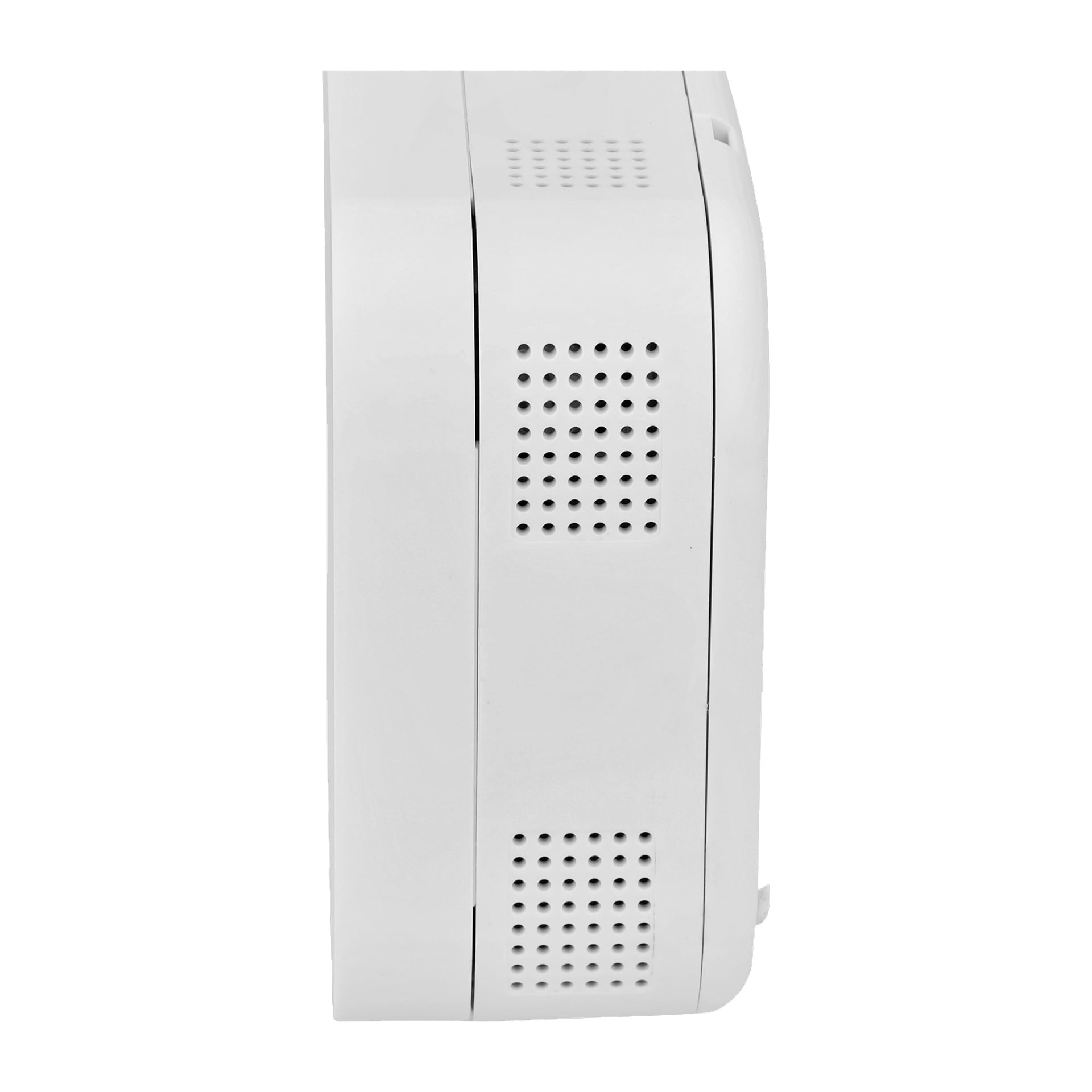 En närbild av sidoprofilen på Hard Heads kolmonoxiddetektor, som markerar ventilationshålen längs sidopanelen.