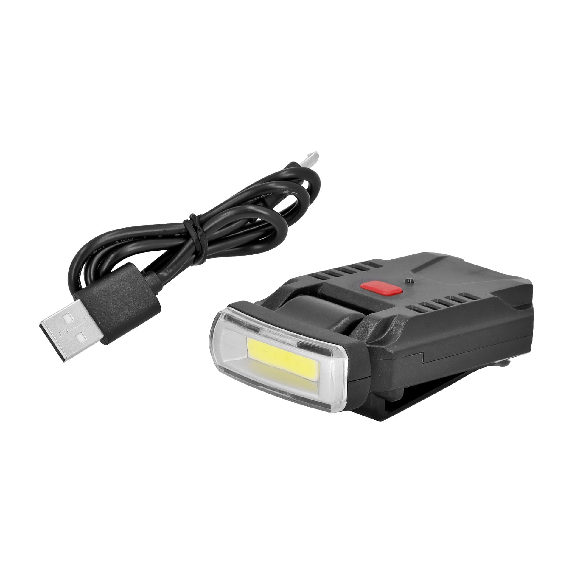 En svart Anslut uppladdningsbar kondensatorlampa med en röd knapp och ett transparent lock över dess LED-remsa placeras bredvid dess spiralade USB-laddningskabel med en USB-A-kontakt.