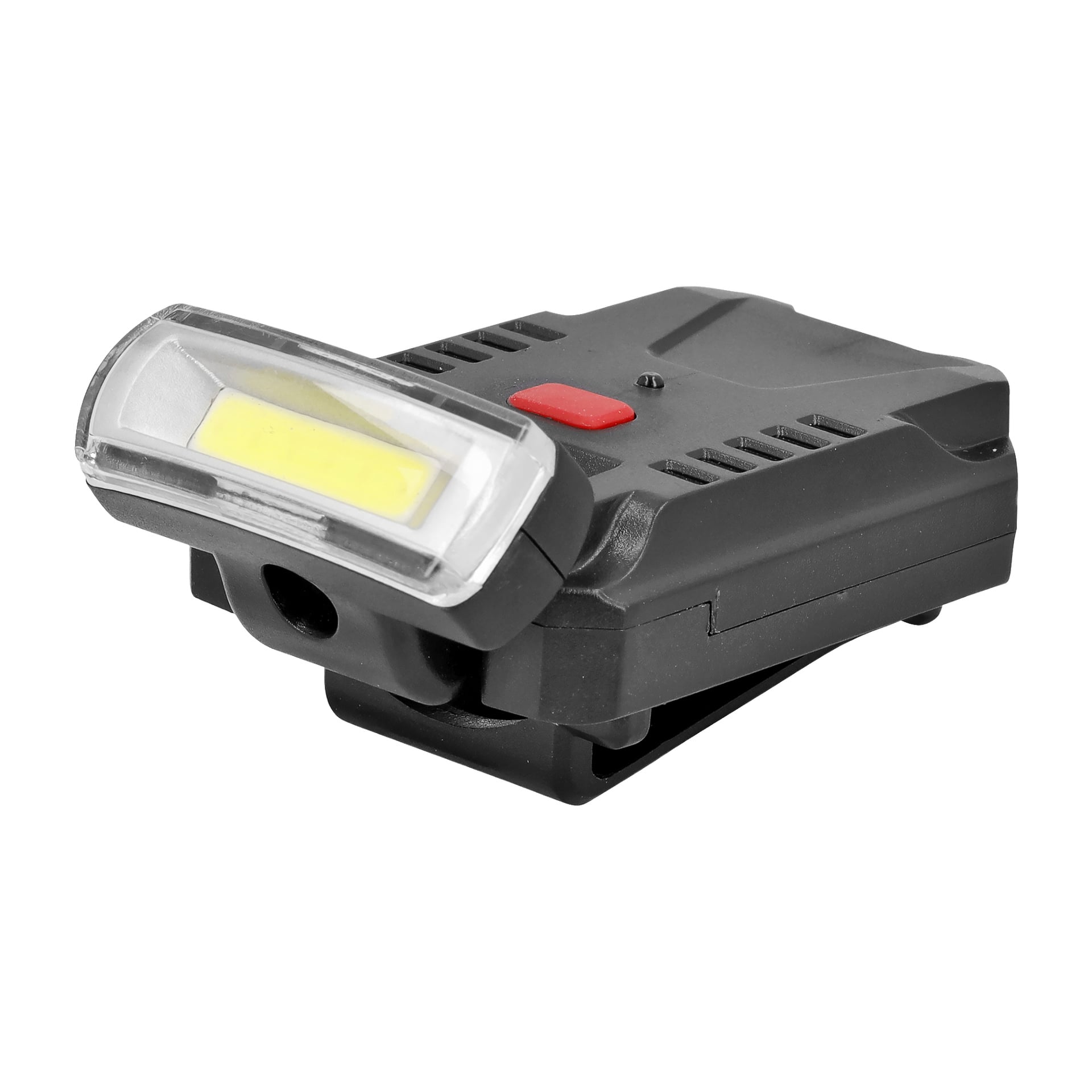 Anslut Rechargeable Cap Lamp är en svart, rektangulär LED-lampa med ett transparent lock, en gul ljusremsa, en röd knapp och ventilliknande spår på toppen. Den visas lutad uppåt, vilket framhäver den nedre klämman som är utformad för enkel fästning.