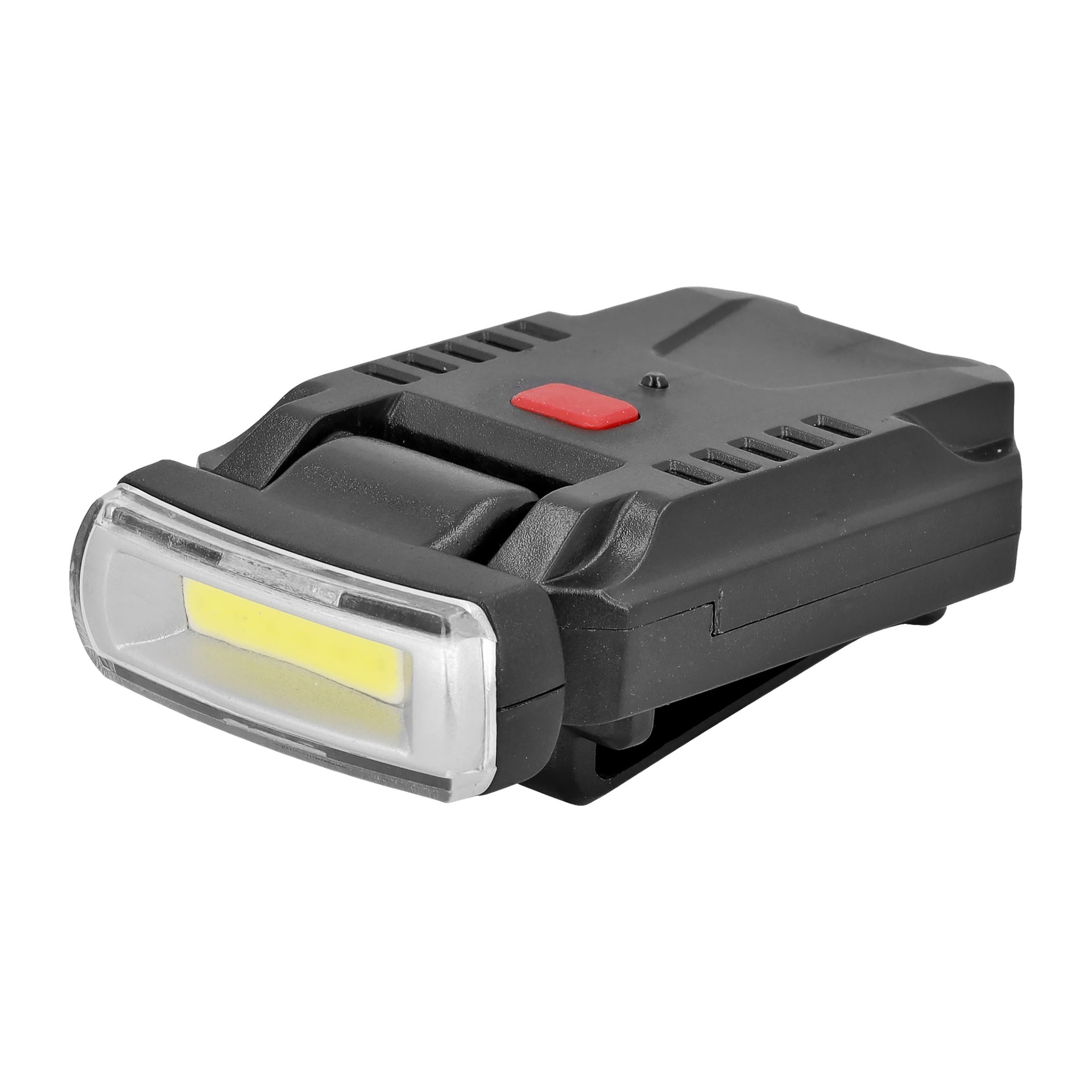 Anslut Rechargeable Cap Lamp, en svart LED-ficklampa designad för att fästas på ett lock, med ett genomskinligt linsskydd, en röd rektangulär knapp på toppen och ventilationsspår på sidan.