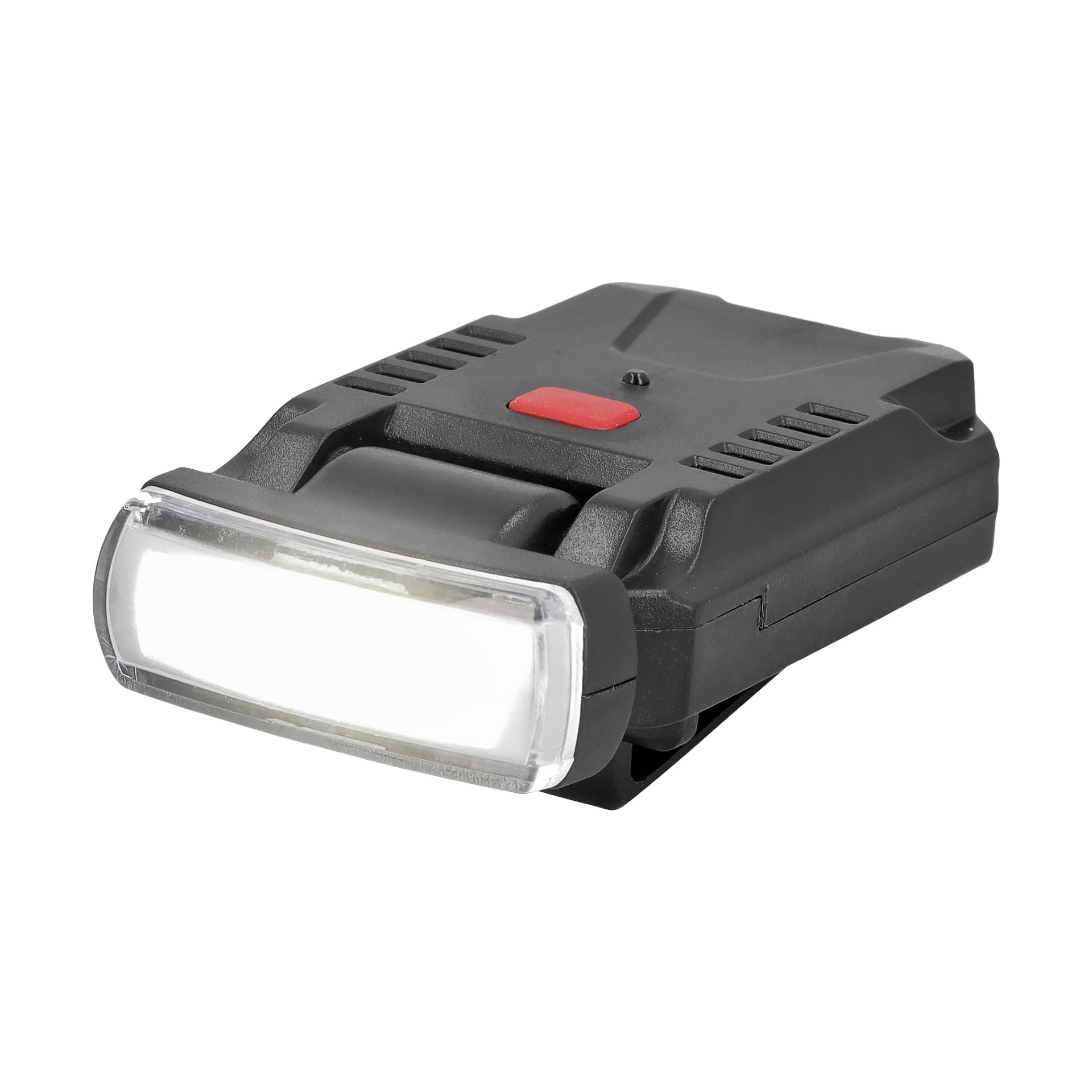 Anslut Rechargeable lock-lampan är en svart, rektangulär LED-ficklampa med en röd knapp på toppen, en transparent frontlins, ventilliknande fåror och vad som ser ut som en klämma eller gångjärn på sidan.
