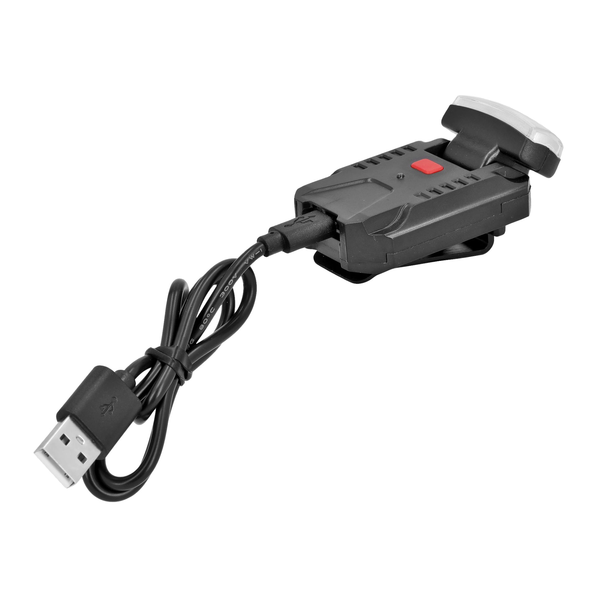 En bild visar Anslut Rechargeable Cap Lamp, en svart USB-enhet med ansluten kabel. Ena änden har en röd knapp och en metallklämma eller klämma, medan den andra änden har en synlig USB-A-kontakt.